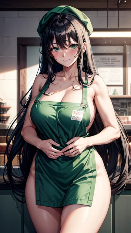 1 anime girl naked wearing only an green apron and a hat, standing at a register, long black hair, embarrassed, embarrassing, embarrassment, blushing, people around her, hot, sexy, gorgeous, very high quality, anime style, 4K resolution, perfect body, thick body 