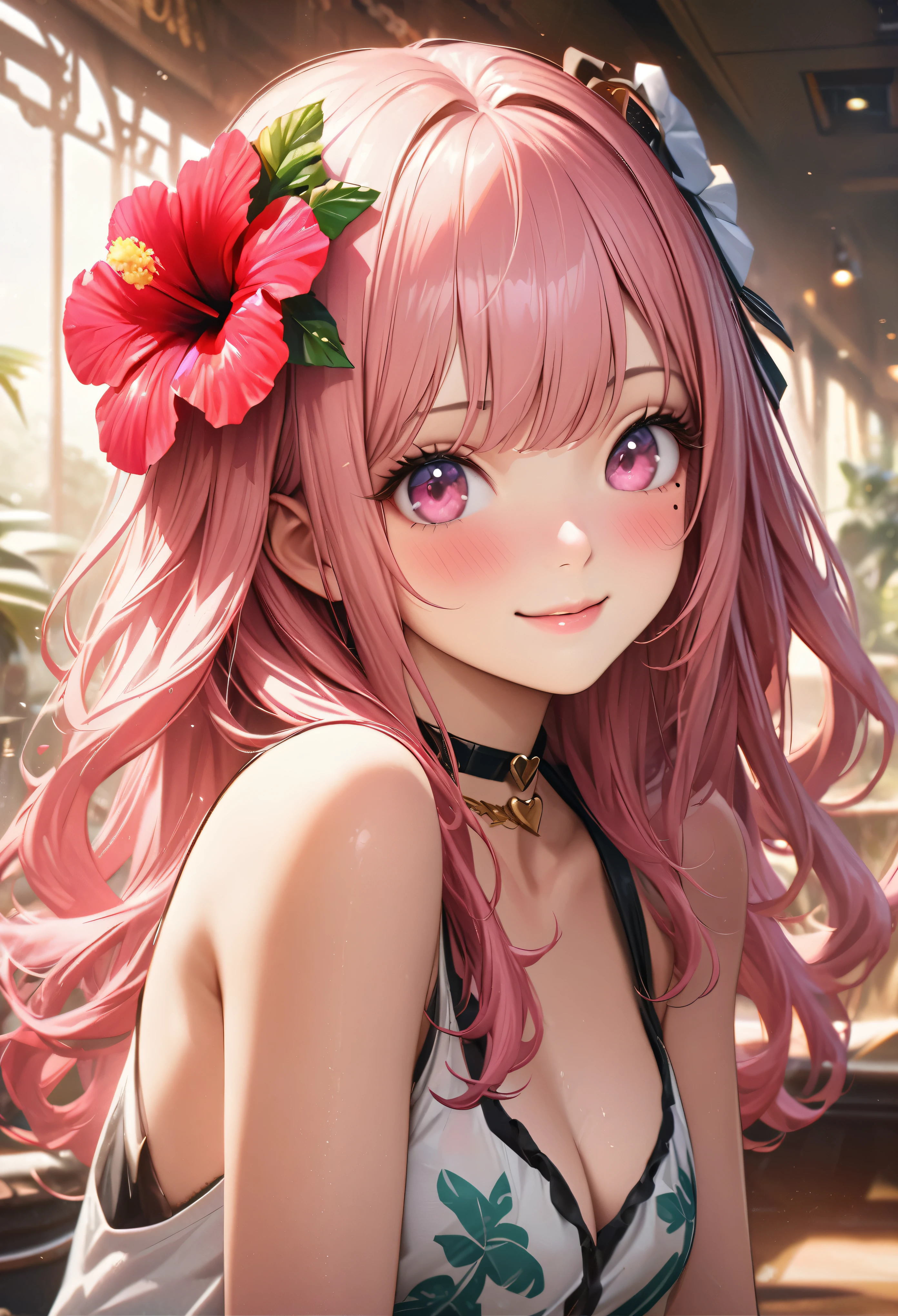 masterpiece, highest quality, Very detailed, High resolution, Expensive resolution, High resolution, 4K, 8k, unity 8k wallpaper, Very detailed CG, masterpiece,  Realistic、 Beautiful details, depth, Fine texture, highest quality: 1.3, Total concentration, Crisp skin, he, Very cute anime, Cute like an idol, expensive pink long hair, One Girl, Aloha One Piece, morning, Breakfast, Hibiscus Hair Accessories, Smiling long pink hair, whole body, Mole under  eye, Line Sight, expensive, blush, Lips parted, heart, Pink Eyes, choker