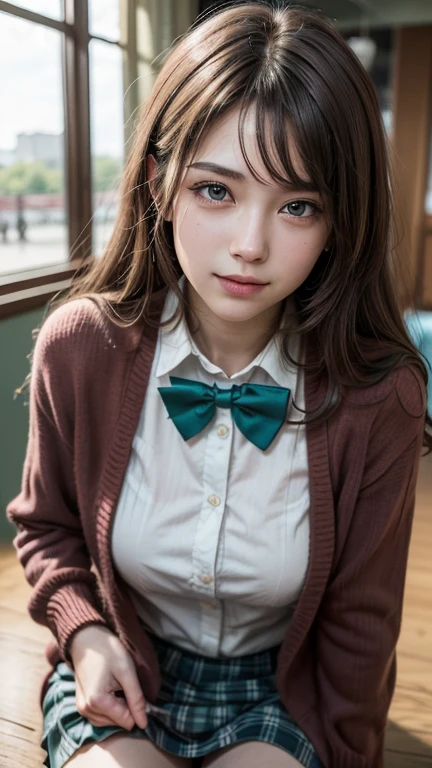 ((masterpiece, best quality, highres, UHD, perfect pixel, depth of field, 4k, RTX, HDR))), 1girl, single, solo, beautiful anime girl, beautiful artstyle, anime character, ((long hair, bangs, brown hair, curly hair:0.8)), ((green eyes:1.4, rounded eyes, beautiful eyelashes, realistic eyes)), ((detailed face, blushing:1.2)), ((smooth texture:0.75, realistic texture:0.65, photorealistic:1.1, anime CG style)), medium breasts, dynamic angle, perfect body, ((portrait, pov)), ((red bowtie, , black jacket, open jacket, brown cardigan, white shirt, black skirt, plaid skirt)), smile, amusement park