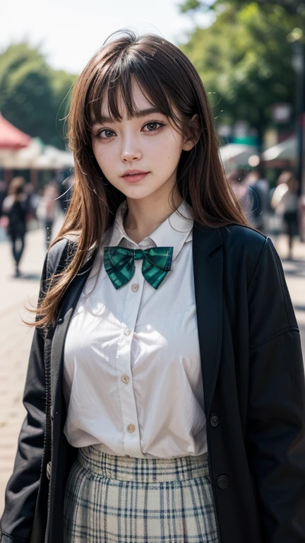 ((masterpiece, best quality, highres, UHD, perfect pixel, depth of field, 4k, RTX, HDR))), 1girl, single, solo, beautiful anime girl, beautiful artstyle, anime character, ((long hair, bangs, brown hair, curly hair:0.8)), ((green eyes:1.4, rounded eyes, beautiful eyelashes, realistic eyes)), ((detailed face, blushing:1.2)), ((smooth texture:0.75, realistic texture:0.65, photorealistic:1.1, anime CG style)), medium breasts, dynamic angle, perfect body, ((portrait, pov)), ((red bowtie, , black jacket, open jacket, brown cardigan, white shirt, black skirt, plaid skirt)), smile, amusement park