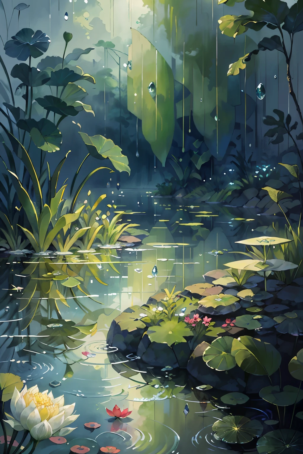 On a serene summer afternoon, the gentle patter of light raindrops kisses the tranquil surface of a secluded pond. In the heart of this idyllic scene, a young frog lounges contentedly on a plump, emerald lotus leaf, relishing the refreshing moisture. The pond's mirror-like facade transforms into a tapestry of ripples, as each raindrop creates tiny waves that expand and merge, filling the serene tableau with a mesmerizing and enchanting allure.
