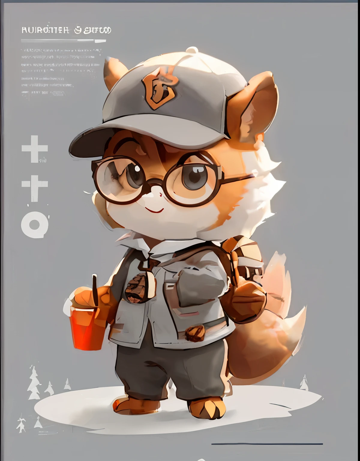 Three View，whole body，Front view of a squirrel，Side view of squirrel，Squirrel&#39;s Back，Cute squirrel boy，Q version，2d，wear glasses，IP Image，beautiful eyes，tech hat，Pine cone in hand，Ray Tracing，Clay material，more details，Gray background，Dutch Style，Thick lines，Minimal vector style