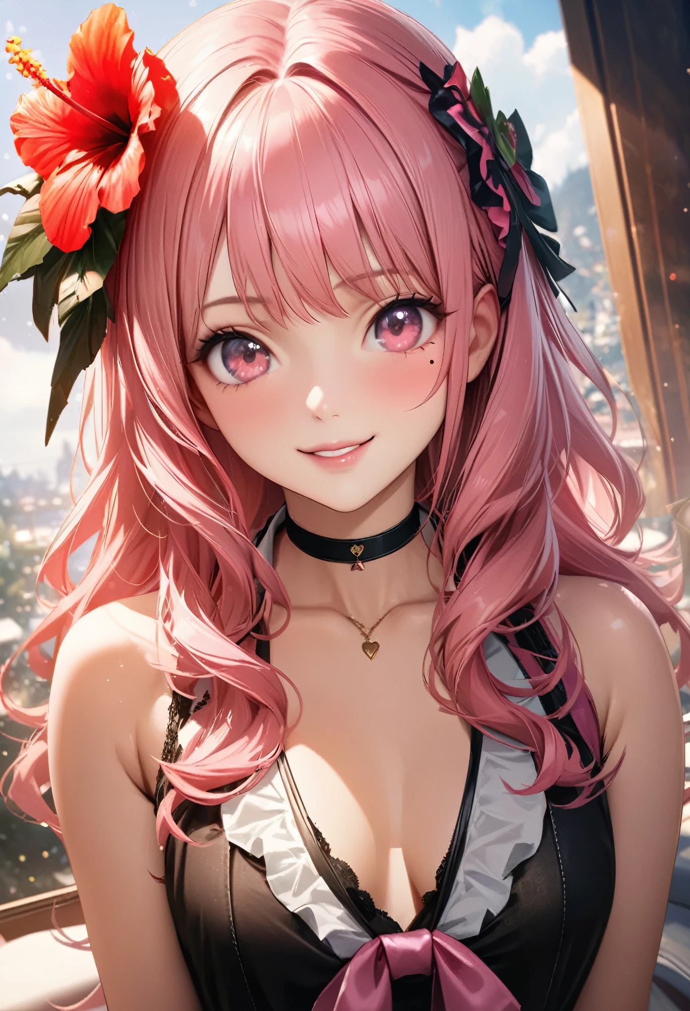 masterpiece, highest quality, Very detailed, High resolution, Expensive resolution, High resolution, 4K, 8k, unity 8k wallpaper, Very detailed CG, masterpiece, Realistic、 Beautiful details, depth, Fine texture, highest quality: 1.3, Total concentration, Crisp skin, he, Very cute anime, Cute like an idol, expensive pink long hair, One Girl, Aloha One Piece, morning, morning食, Hibiscus Hair Accessories, Smiling long pink hair, whole body, Mole under eye, Line Sight, expensive, blush, Lips parted, heart, Pink Eyes, choker