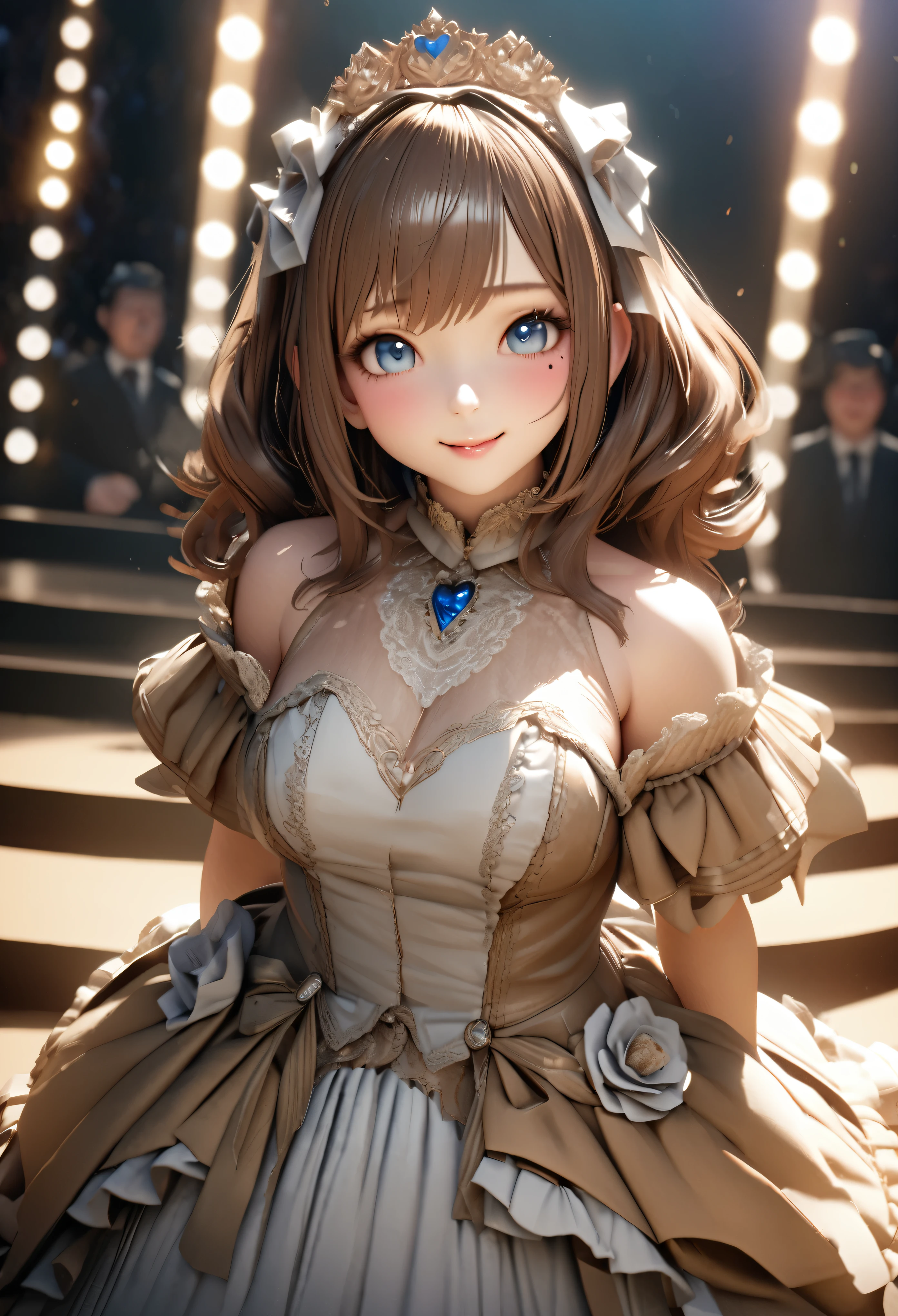 One Girl、Looking at the audience、
Beautiful Blue Eyes、Brown long hair、Mole under the eye、Plump and glossy lips、Heart-shaped choca、Idol、smile、ー、。.。.。.。.。.。.。.。.。.。.。.。.。.。.。.。.。.。.3D、Realistic、
Princess dress with too many frills、Drape clothes、gem、The decoration has been removed、Floral、Lace trim、bright stage、
masterpiece、highest quality、8k、Detailed skin texture、Detailed cloth texture、Beautifully detailed face、Intricate details、Very detailed、
超A high resolution、8K Ultra HD、Film Grain、Best Shadow、delicate、Gazing at the audience、front