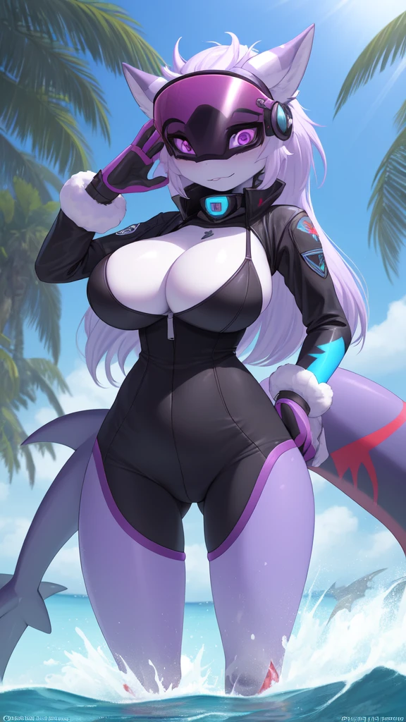 ((best quality, Masterpiece, perfect anatomy, Detailed pictures)), 1 female, arctic protogen, shark girl, Long visor, purple visor, purple eyes, sexy body, Big Pong, big breasts, Future military clothing, Shark tail, red red, shy, in the sea, front view