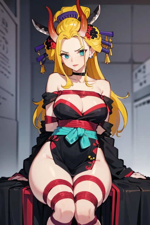 gefesselte Arme, Arms behind the back, ((erröted)), ((gefesselte Handgelenke, Ankle with rope)), ((Arms behind the back)), ((Shibari over clothing)), 4k quality, verlegener gesichtsausdruck, anatomisch perfekt, blushes, auf dem Bett sitzen, blackmaria, japanese clothes, black kimono, off shoulder, earrings, cleavage, lipstick, hair stick, hair flower, horns