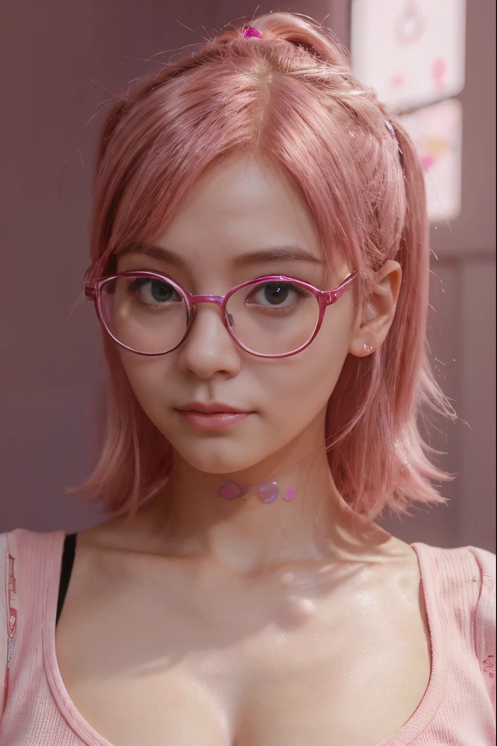 Close-up of a woman with Pink hair wearing glasses, artwork in Gouwez style, Gouwez, Kawaii realistic portrait, Inspired by Cheng Yanjun, glowing Pink face, Pink girl, Beautiful anime portrait, Pink glasses, glowing Pink eyes, Realistic anime 3D style, Yanjuncheng, realistic anime artstyle, ((Pink)8k