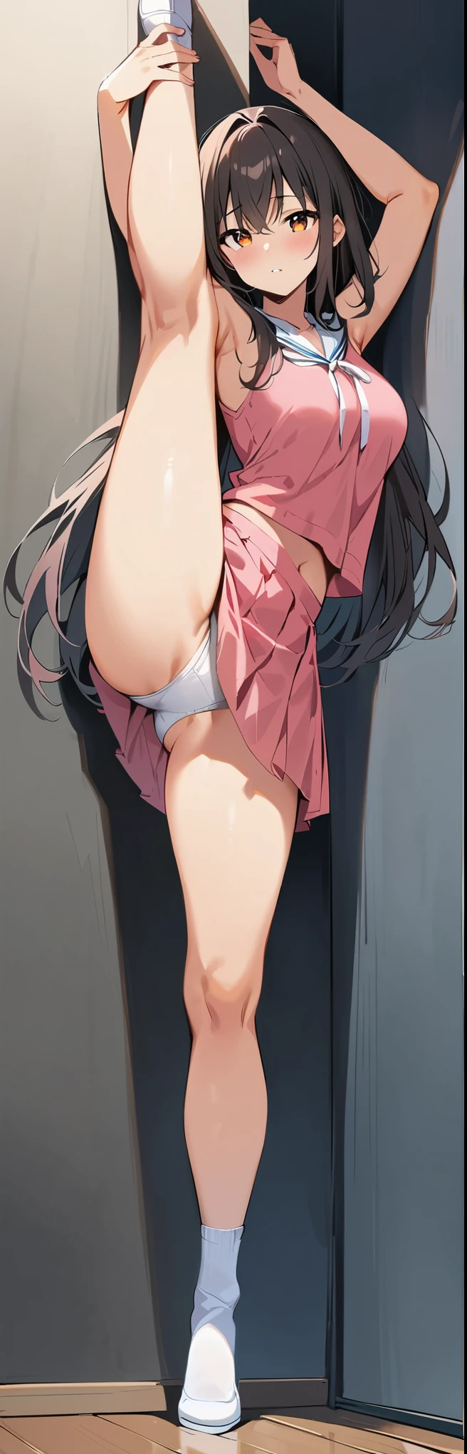 (masterpiece, highest quality:1.2), One girl, alone,Are standing_Split, 
Yuki Mikan, Long Hair，black无袖短背心，Pink Skirt，black