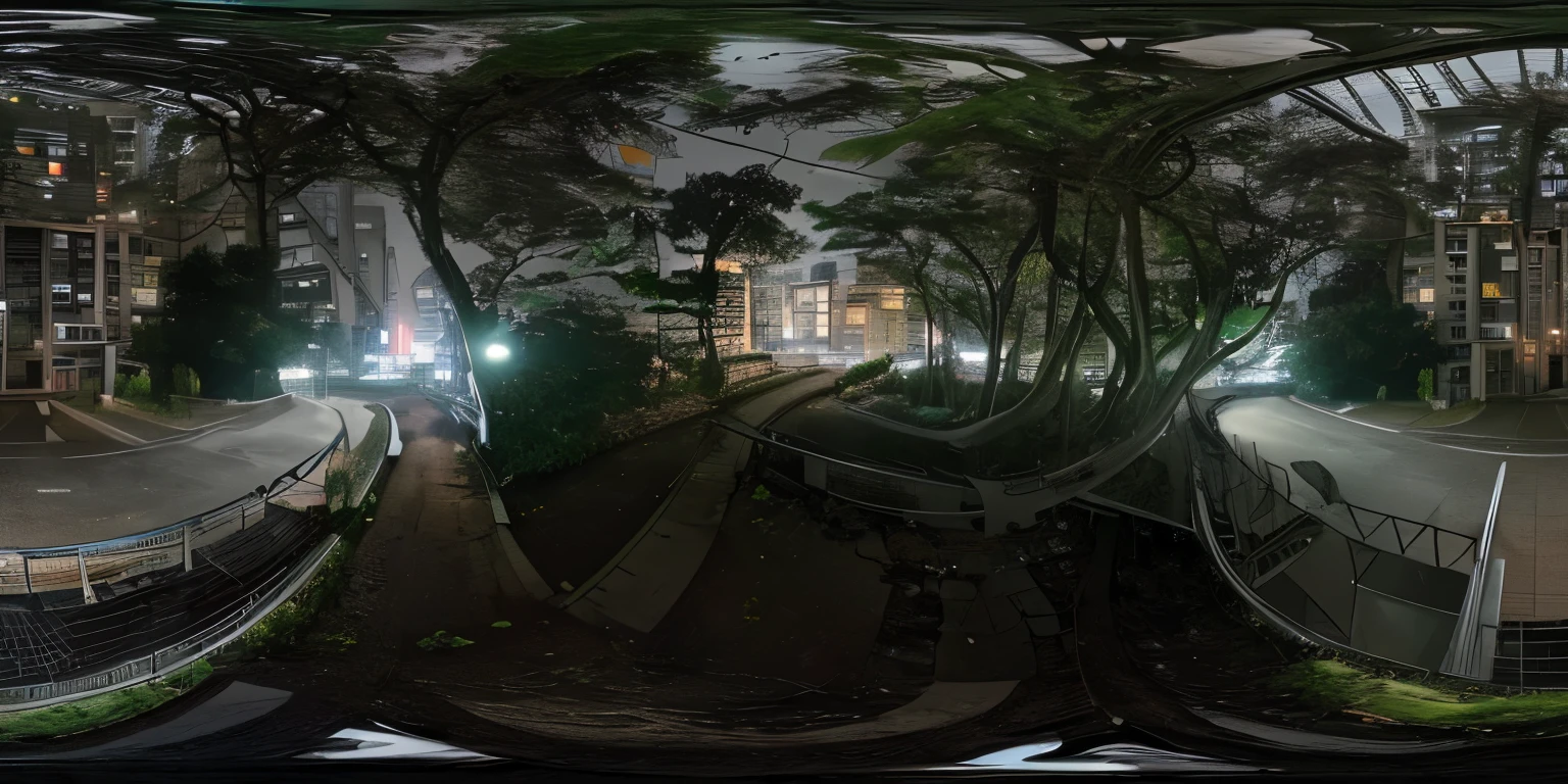360 panorama, asia, outside, dark road, apartment complex, year 4040