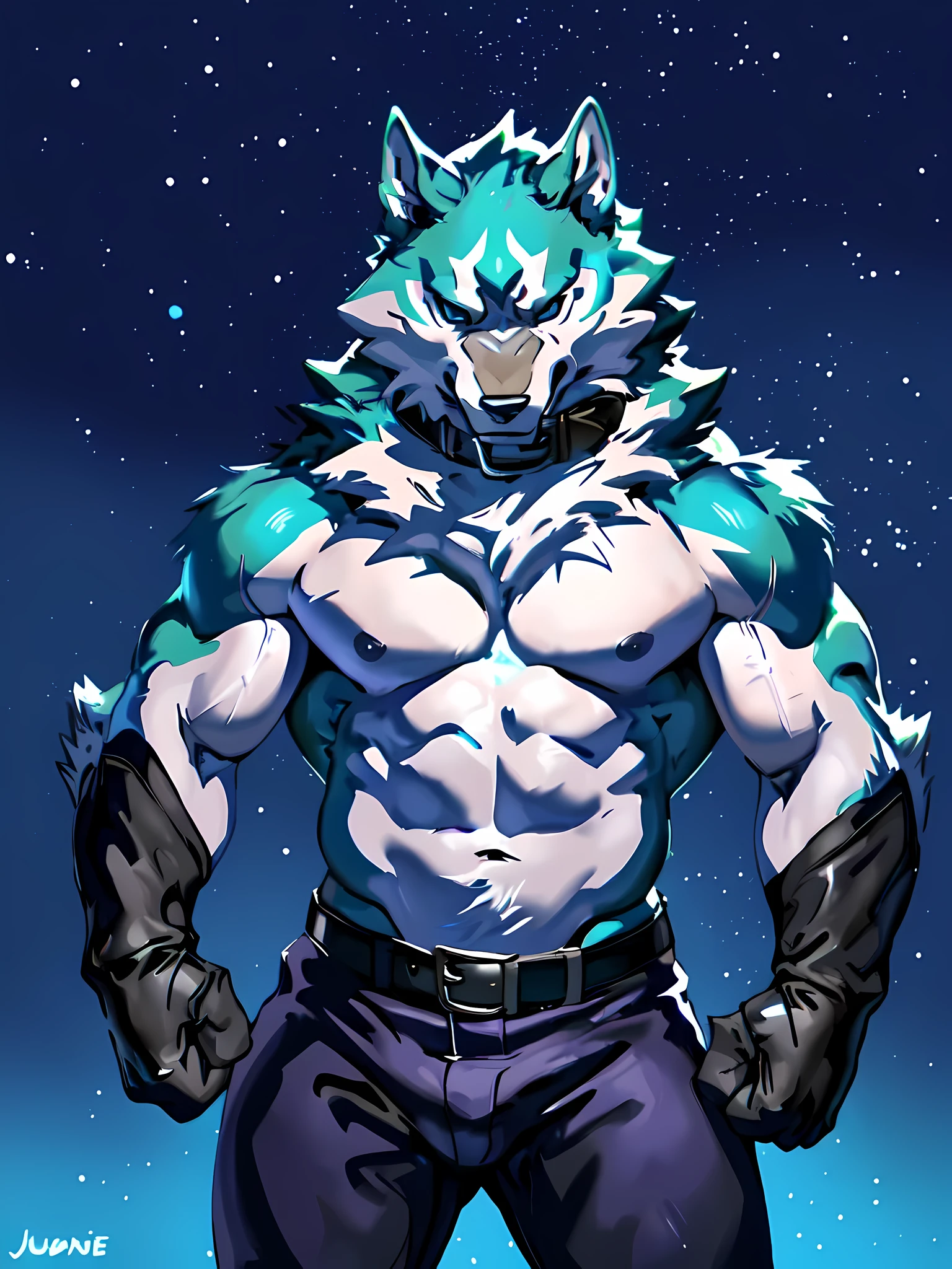 shirou_ogami, shirou_BNA, 4k, high resolution, best quality, posted on e621, solo, anthro body, male, adult, masculine, (very muscular, heavyweight build:1.0), correct anatomy, (night sky background, stars, northern lights):1.1, (by taran fiddler, by juiceps, by chunie:1.0), (collar, belt, pants:1.1), (detailed face, detailed eyes:1.1), (cel shaded:1.2), (strong shadows, darkness, dark shadows, standing in shadows, dim):1.2, confident, bare chest, bare shoulders, bare arms, wearing gloves, stern face, half body, punching the air, fist, action pose, sweat