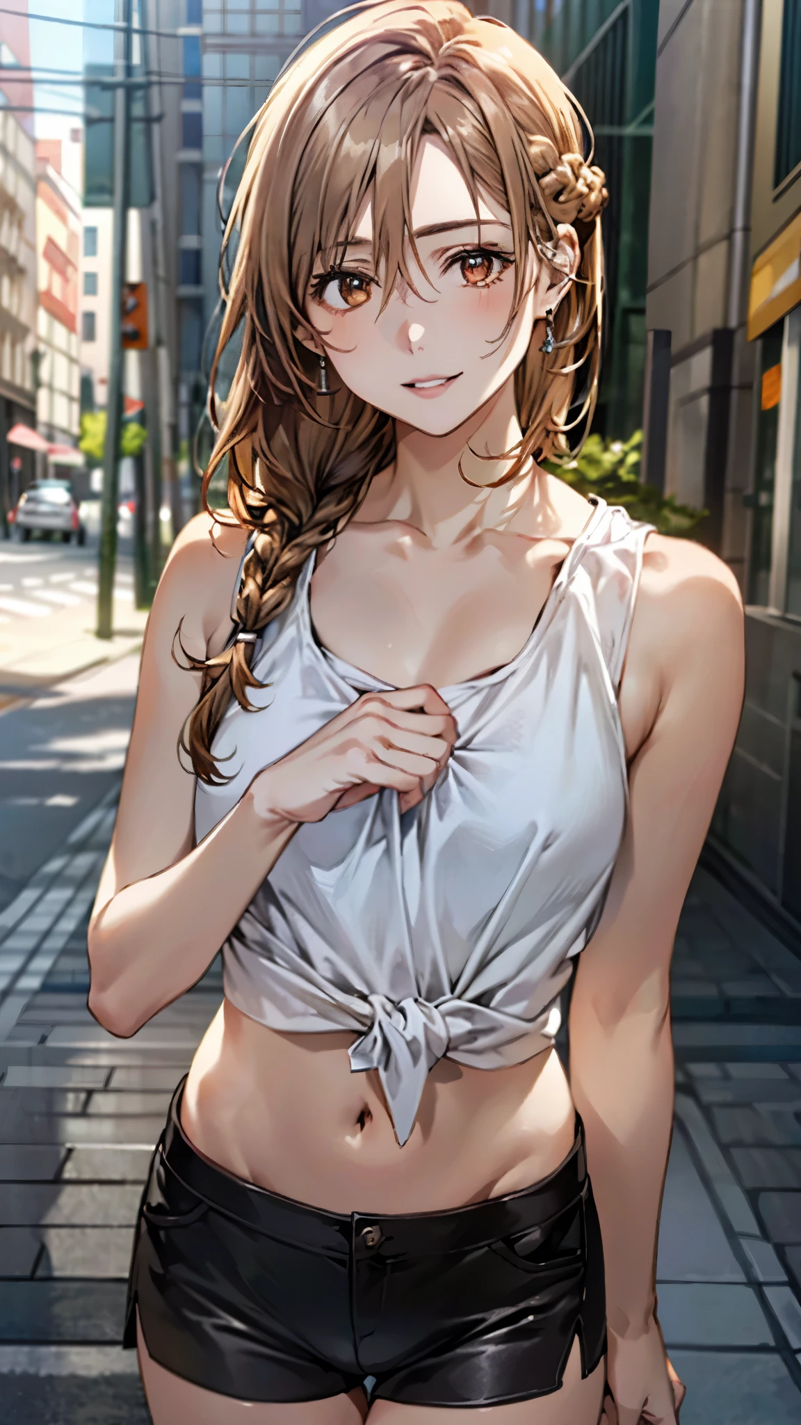 (masterpiece:1.3, top-quality, ultra high res, ultra detailed), (realistic, photorealistic:1.4), beautiful illustration, perfect lighting, natural lighting, colorful, depth of fields, surrealism,
beautiful detailed hair, beautiful detailed face, beautiful detailed eyes, beautiful clavicle, beautiful body, beautiful chest, beautiful thigh, beautiful legs, beautiful hands, 
looking at viewer, (cowboy shot), 1 girl, yuuki asuna, (perfect hands, perfect anatomy, anatomically correct), cute and symmetrical face, babyface, perfect face, perfect eyes, slender, 
(long hair, straight hair, braided bangs, light brown hair), hair between eyes, orange eye, long eye lasher, (medium breasts), white skin, shiny skin, outstanding style, cute cameltoe, 
(detailed cloth texture, white tank top, midriff:1.1, black leather shorts), 
(beautiful scenery), daylight, (city), standing, (versatile sexy poses), (lovely smile, upper eyes, parted lips), 