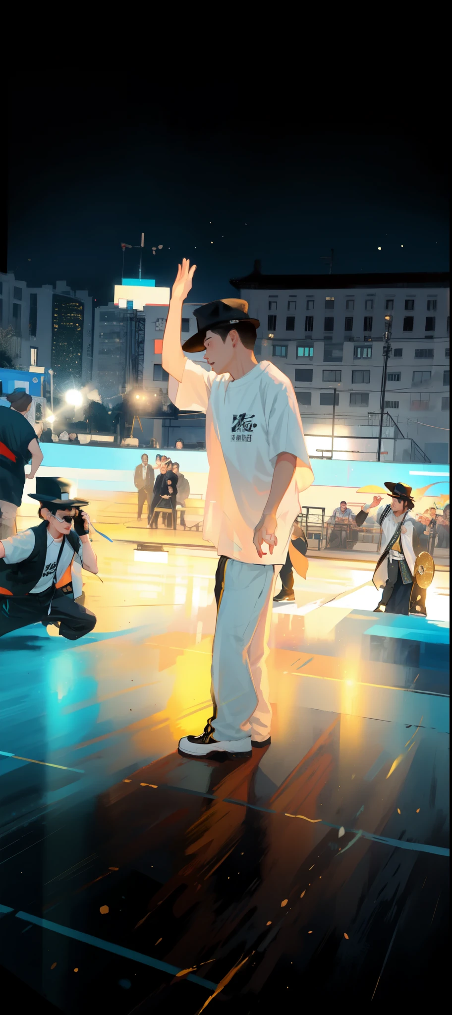 A man wearing a black hat,(Wear white)Boy in costume standing on stage, White clothes,dancing in Background, Granular low quality, low quality lens, Low quality photos, Low quality video, yanjun chengt, Break dance, People dancing in the background, He's dancing, Very very low quality image, Kick flap, Take an action pose, pat, smooth _ Background