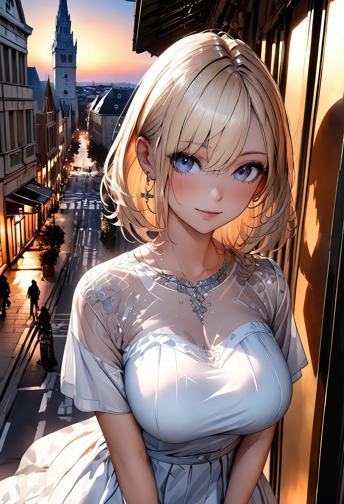 8k、masterpiece、highest quality、Highest Level、Best image quality、Drawing a person using line art、Pieces fly、Intricate details、High resolution、Depth Field、Natural light、Professional Lighting、A European tourist city that has flourished since ancient times、The city turns red in the sunset、Sunset sky、(One girl)、soro、Italian girl posing for the camera、(cute:1.2)、(Skin with attention to detail: 1.2)、Photorealistic Anime Girl Rendering、Realistic anime 3D style、Beautiful light blonde hair、Strong blue eyes、Strong eye highlights、big breasts、Perfect Anatomy、Crossed bangs、Asymmetrical bangs、Put out your ears、eyelash、(Casual Fashion、short boots)、Realistic Cars、((Italian tourist destinations、The city turns red in the sunset、A historic streetscape、Luxury hotel with marble entrance、Cafe Terrace、Tall church tower、Detailed old castle、Sunset sky、Watching the sunset and the city))、