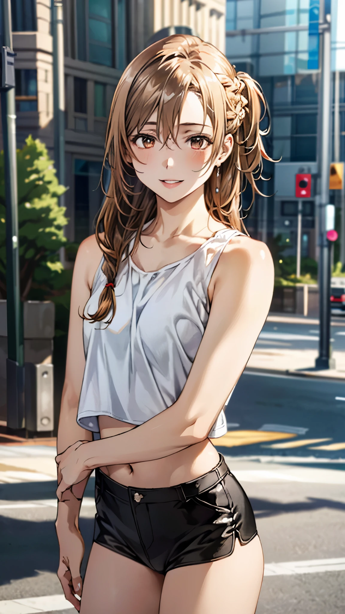 (masterpiece:1.3, top-quality, ultra high res, ultra detailed), (realistic, photorealistic:1.4), beautiful illustration, perfect lighting, natural lighting, colorful, depth of fields, surrealism,
beautiful detailed hair, beautiful detailed face, beautiful detailed eyes, beautiful clavicle, beautiful body, beautiful chest, beautiful thigh, beautiful legs, beautiful hands, 
looking at viewer, (cowboy shot), 1 girl, yuuki asuna, (perfect hands, perfect anatomy, anatomically correct), cute and symmetrical face, babyface, perfect face, perfect eyes, slender, 
(long hair, straight hair, braided bangs, light brown hair), hair between eyes, orange eye, long eye lasher, (medium breasts), white skin, shiny skin, outstanding style, cute cameltoe, 
(detailed cloth texture, white tank top, midriff:1.1, black leather shorts), 
(beautiful scenery), daylight, (city), standing, (versatile sexy poses), (lovely smile, upper eyes, parted lips), 