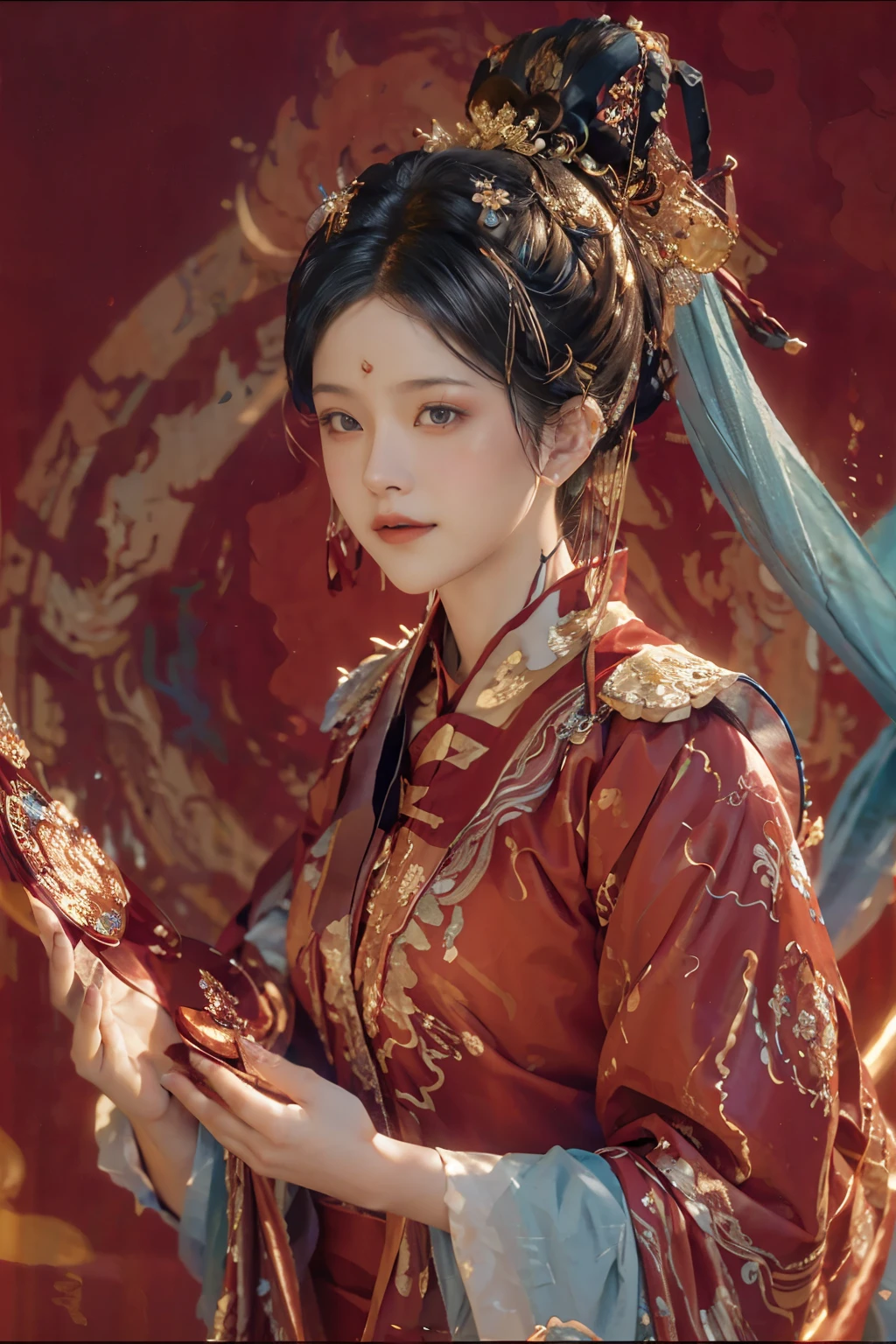 A beautiful and charming Chinese lady floats gracefully in a lavish palace, enveloped by supple and lustrous red and golden silken fibers. The fibers ripple and sway, creating an abstract background with intricate bends in the style of violet and blue. With a resolution of 32k UHD, this image showcases the appreciation of minimalistic abstraction, powered by an Intel Core processor. The fluid lines and curves are rendered in hyper-realistic detail, bathed in high-key lighting. The color palette is a juxtaposition of sky-blue and bronze hues, captured by the Abstraction-creation Kodak Elite Chrome Extra Color.