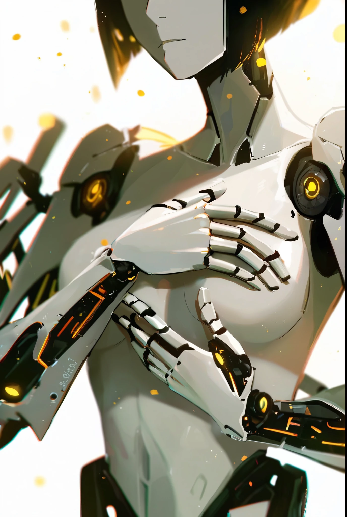 check_9, check_8_up, check_7_up, check_6_up, check_5_up, check_4_up, Backlight, light particles, BREAK drostyle, (1 girl),((girl)),((cyborg)),((drossel)),((White skin тела)),White skin дица, topless, yellow eyes, shiny skin, White skin,((absolutely white background:1.3)) , (medium breast), ((black short bob haircut)) , ((demeaning look)) , beautiful female cyber fingers