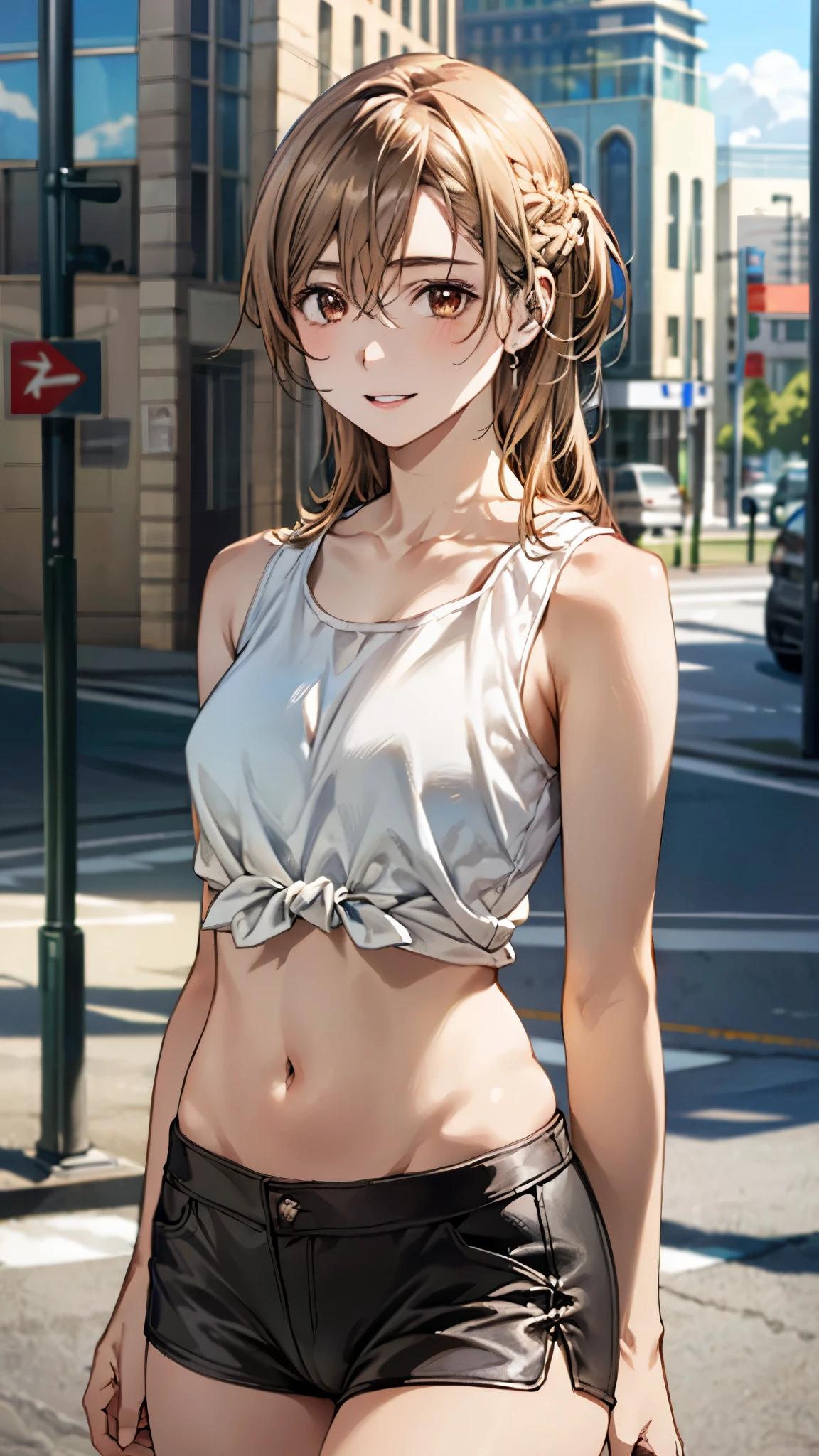 ((Masterpiece)), ((best quality)), (Anime:1.5), (RAW photo:1.2),(High Definition:1.3), (Professional Photography:1.2), (sharp focus), (perfect light),1girl, (smug), (Glossy lips), upper body, looking at another, (loose bikini top), O-ring, loose braid, ((loose pants pull up)), choker, pale brown hair, small breast, cute hips, (mist effect:1.3), (on the steps of a building),