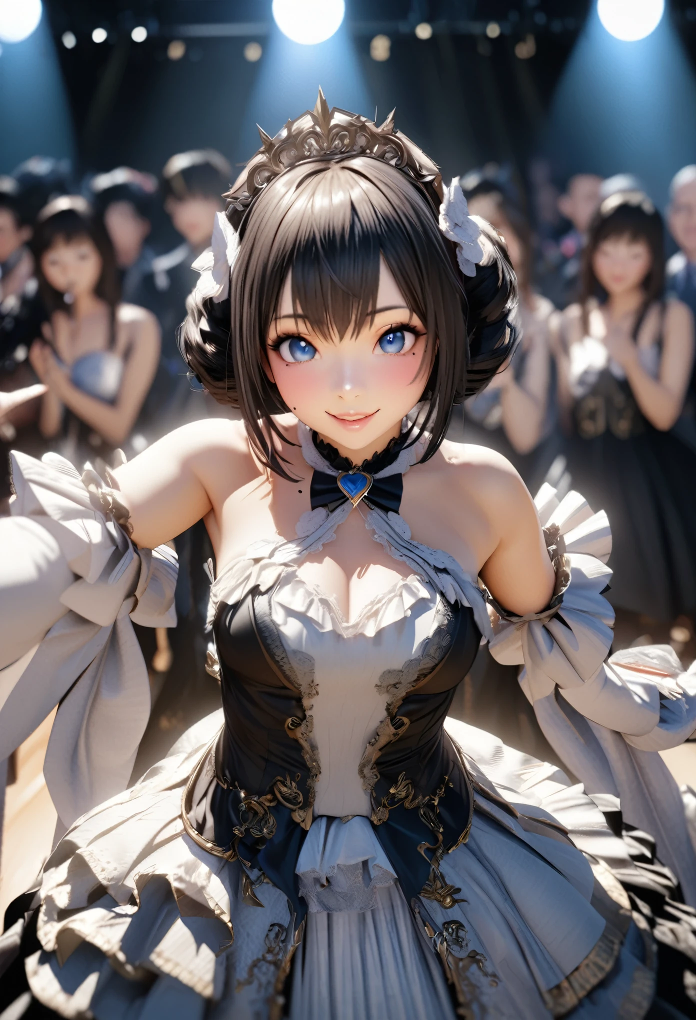 One Girl、Looking at the audience、
Beautiful Blue Eyes、Short black hair、Mole under the eye、Plump and glossy lips、Heart-shaped choca、Idol、smile、ー、。.。.。.。.。.。.。.。.。.。.。.。.。.。.。.。.。.。.3D、Realistic、
Princess dress with too many frills、Drape clothes、gem、The decoration has been removed、Floral、Lace trim、bright stage、
masterpiece、highest quality、8k、Detailed skin texture、Detailed cloth texture、Beautifully detailed face、Intricate details、Very detailed、
超A high resolution、8K Ultra HD、Film Grain、Best Shadow、delicate、Staring at the audience、front