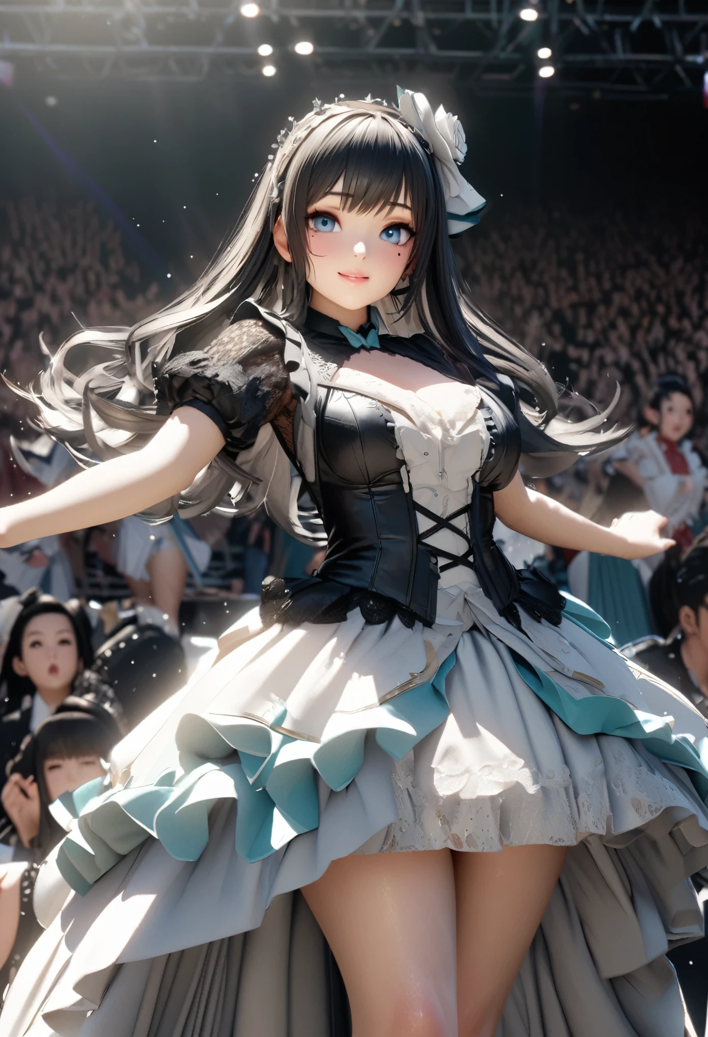 One Girl、Looking at the audience、
Beautiful Blue Eyes、Long black hair、Mole under the eye、Plump and glossy lips、Heart-shaped choca、Idol、smile、ー、。.。.。.。.。.。.。.。.。.。.。.。.。.。.。.。.。.。.3D、Realistic、
Princess dress with too many frills、Drape clothes、gem、The decoration has been removed、Floral、Lace trim、bright stage、
masterpiece、highest quality、8k、Detailed skin texture、Detailed cloth texture、Beautifully detailed face、Intricate details、Very detailed、
超A high resolution、8K Ultra HD、Film Grain、Best Shadow、delicate、Gazing at the audience、front