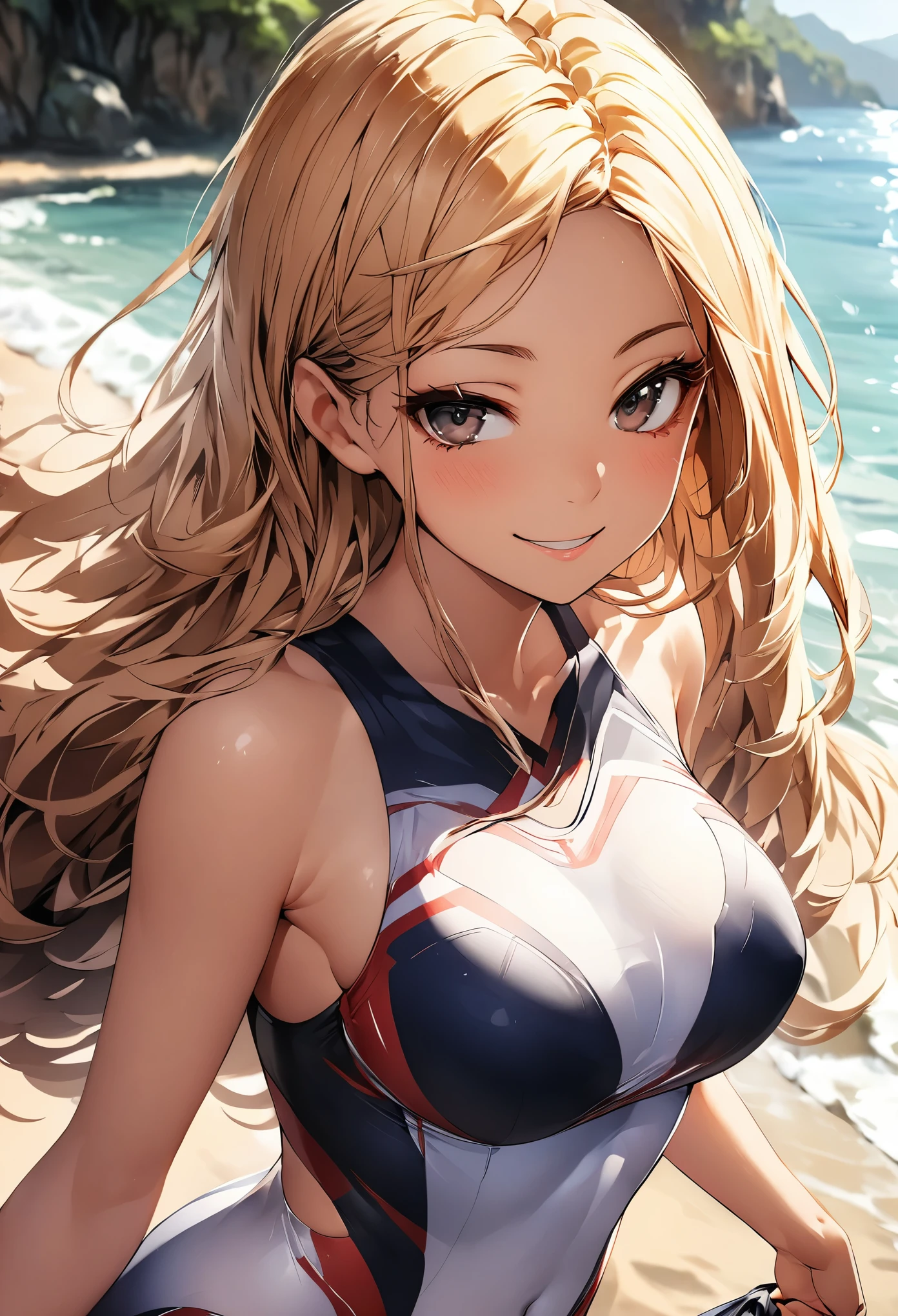 (masterpiece、highest quality、Pieces fly、highest quality、Highest Level、Best image quality)、(Drawing a person using line art)、(1 girl)、(Great proportions), soro、(Beautiful brown mid-length hair Asian woman)、Intense black eyes、Strong eye highlights、eyelash、Lip gloss、(Natural proportions)、(Healthy and beautiful body)、(Skin with attention to detail)、(Sunburned skin)、Perfect Anatomy、(A strong smile)、(Detailed Swimsuit)、Soft Backlight、Soft Light、Soft natural light、Asian resort during the day、Beach Resort、Entering the sea、((The whole body is visible))
