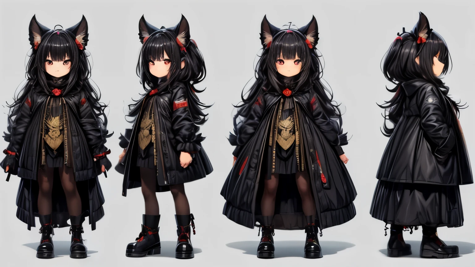 1 chica, con el cabello negro y largo con flequillo y (orejas de gato) y (ojos rojos),(high resolution,Obra maestra:1.2),estilo de dibujos animados,Hallowe'en ,Numerosas linternas de calabaza,Flying bats,Esqueletos adorables, (calabaza de halloween)