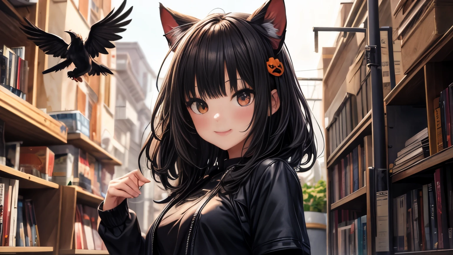1 chica, con el cabello negro y largo con flequillo y (orejas de gato) y (ojos rojos),(high resolution,Obra maestra:1.2),estilo de dibujos animados,Hallowe'en ,Numerosas linternas de calabaza,Flying bats,Esqueletos adorables, (calabaza de halloween)
