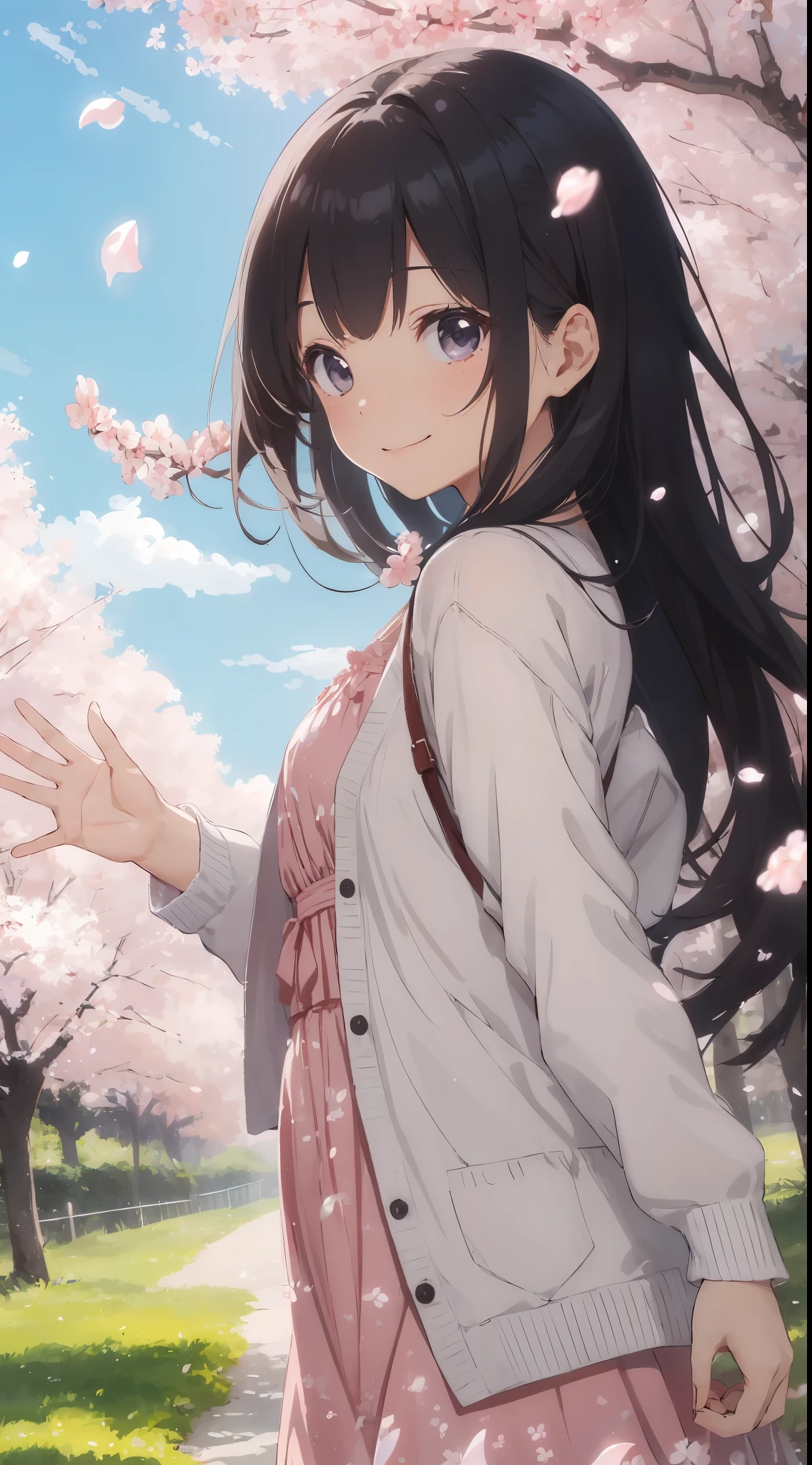 In the midst of the dancing of cherry blossom petals、Illustration of a girl smiling and waving。She wears a pink dress and a white cardigan.、She has long black hair.。Her expression is bright and cute。Blue sky and trees in the background々There is、The atmosphere of spring can be felt。The colors are unified in pink and blue.、The refreshing and glamorous atmosphere is emphasized。(cuteness:1.5)(hightquality:1.2)(aquarelle:1.0)