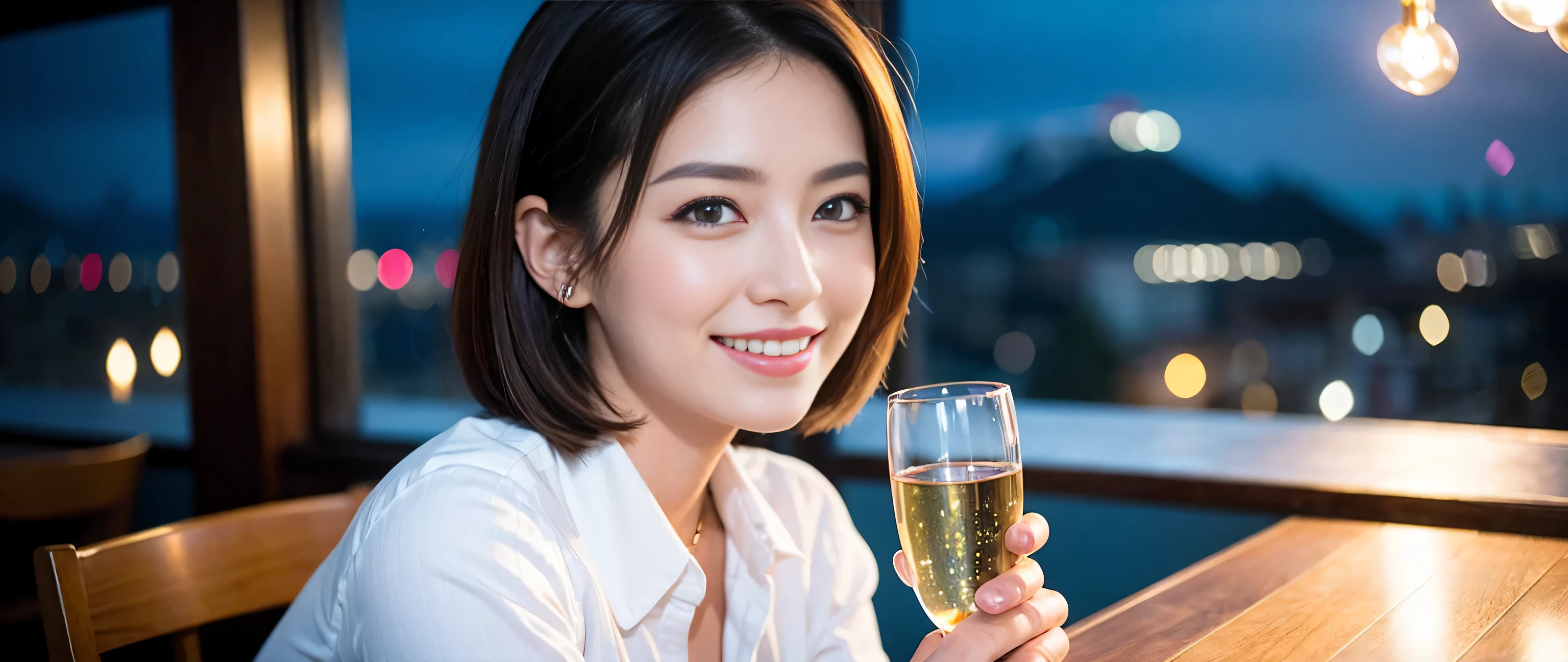 ((highest quality、8k、masterpiece:1.3))、Sharp focus:1.2、Beautiful woman perfect body:1.4、Slim body、((Bob Hale、Straight hair:1.2))、(to be born, highest quality, masterpiece:1.5), (Realistic, Intricate details:1.2), Ultra-high resolution, shine a light on your face、Spectacular view of the sunset sky and clouds、Amazing mountain views、A bright smile、wine glass、red wine 、Appetizer、Italian food、Wine bottle、Champagne、sparkling wine、, Beautiful Face, blue eyes, The light shines on your face, Blushing, short hair,Bright Face、Fox face、 (36 years old), 34 years old, Lady、Two beauties、brown hair、Shortcuts、Long sleeve shirt、dress、Pretty Woman 1, (slim face), (The body is slim), (brown hair), (Shortcuts), cheeks turn a little red,charming beauty、, Out of the window, A beautiful and detailed night view unfolds.........., restaurant, In a prominent place (From the waist up) Nova Frog Style, actress, model, Upper Body, White wine, slim, wine glass, A wine glass placed in the middle, smile, (smile: 1.15), Beautiful fine grain, Depth f/2,saturation, High Contrast, Strong light and shadow,Moist Body:1.5、3D texture、Delicate eyes、brown hair、The hair is very shiny、