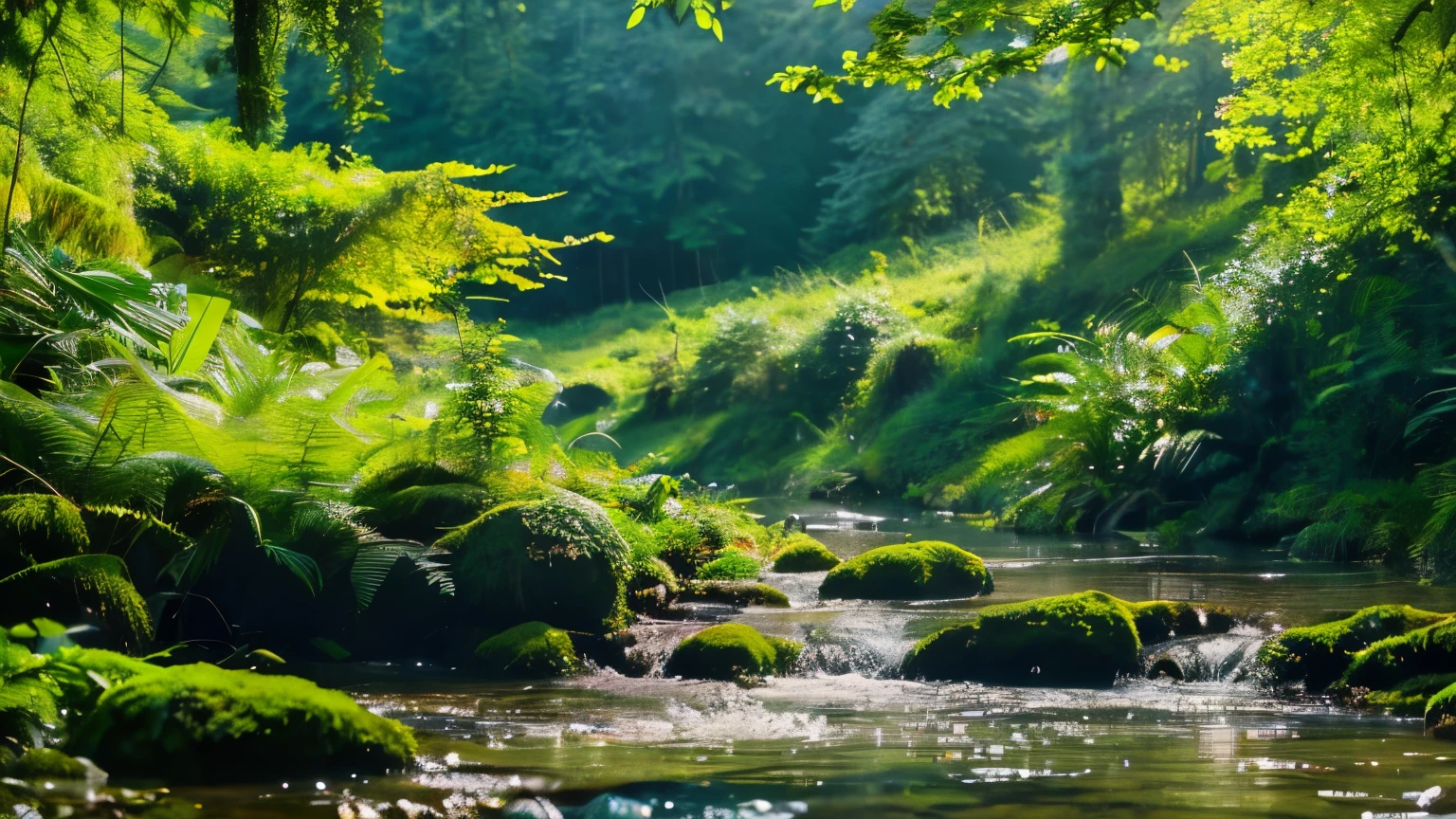 RAW photo of a landscape, small details, photorealistic, ultra-realistic photo, 8K uhd, dslr, soft lighting, high quality. masterpiece, beautiful, high res, the gentle murmur of water, vibrant new greenery, all nestled within a forest, bathed in dappled sunlight

