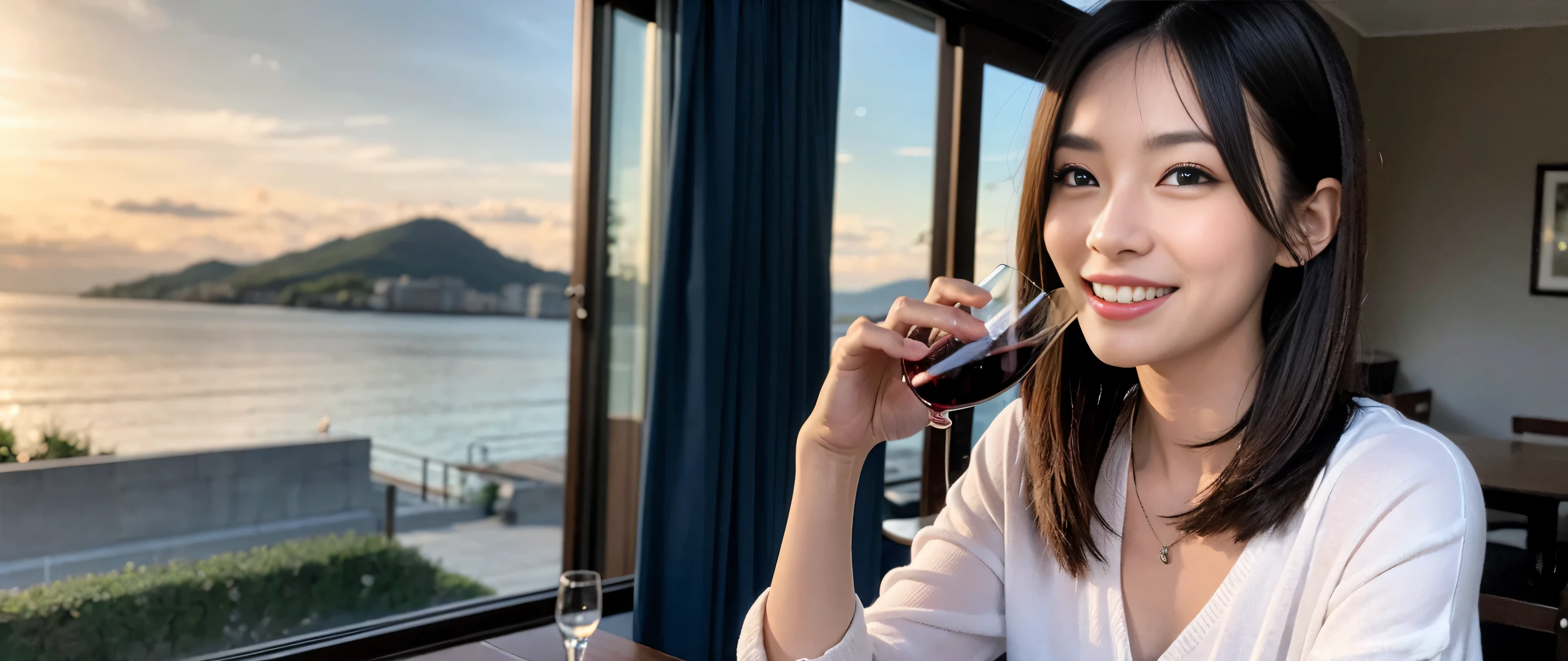 ((highest quality、8k、masterpiece:1.3))、Sharp focus:1.2、Beautiful woman perfect body:1.4、Slim body、((Bob Hale、Straight hair:1.2))、(to be born, highest quality, masterpiece:1.5), (Realistic, Intricate details:1.2), Ultra-high resolution, shine a light on your face、Spectacular view of the sunset sky and clouds、Amazing mountain views、A bright smile、wine glass、red wine 、Appetizer、Italian food、Wine bottle、Champagne、sparkling wine、, Beautiful Face, blue eyes, The light shines on your face, Blushing, short hair,Bright Face、Fox face、 (36 years old), 34 years old, Lady、Two beauties、brown hair、Shortcuts、Long sleeve shirt、dress、Pretty Woman 1, (slim face), (The body is slim), (brown hair), (Shortcuts), cheeks turn a little red,charming beauty、, Out of the window, A beautiful and detailed night view unfolds.........., restaurant, In a prominent place (From the waist up) Nova Frog Style, actress, model, Upper Body, White wine, slim, wine glass, A wine glass placed in the middle, smile, (smile: 1.15), Beautiful fine grain, Depth f/2,saturation, High Contrast, Strong light and shadow,Moist Body:1.5、3D texture、Delicate eyes、brown hair、The hair is very shiny、