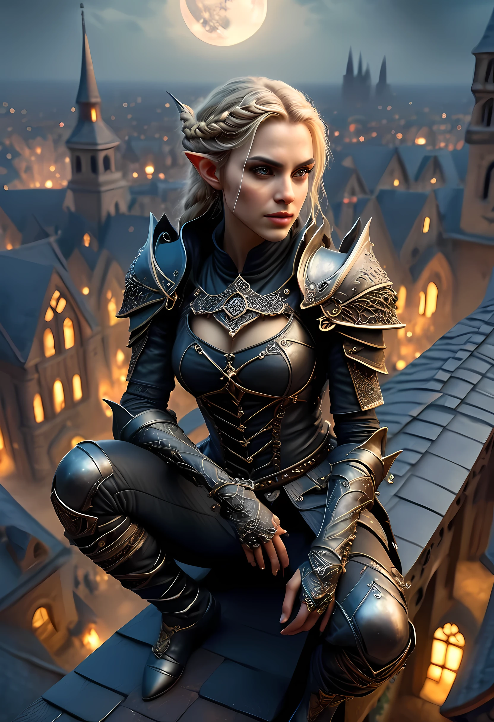 fantasy art, d&d art, rpg art, realistic art, goth art, a, high details, best quality, 16k, [ultra detailed], masterpiece, best quality, (extremely detailed), dynamic angle, RAW, photorealistic, a picture of an epic fantasy thief , kneeling on roof top (best details, Masterpiece, best quality: 1.5) on top of a roof in goth fantasy city, ready for action, plenty of buildings, a temple (best details, Masterpiece, best quality: 1.5), female elf (best details, Masterpiece, best quality: 1.5), epic fantasy thief, [[anatomically correct]], blond hair, braided hair, fair skin, intense bright eyes, armed with dagger, dynamic position (intricate details, Masterpiece, best quality: 1.5), small pointed ears, dark armor, full leather armor (intricate details, Masterpiece, best quality: 1.5), tense atmosphere, night, stars light, moon light, moon rays, stars, best details, best quality, highres, ultra wide angle, drkfntasy night over the roof top of a goth church, the elf watches the city below,  it is ready to act, medieval city background