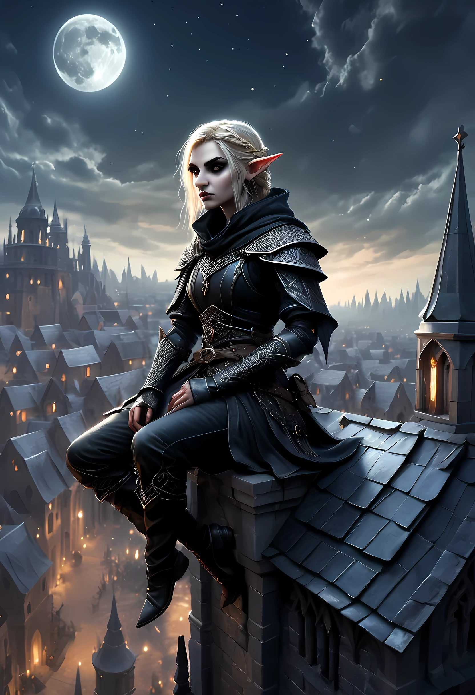 fantasy art, d&d art, rpg art, realistic art, goth art, a, high details, best quality, 16k, [ultra detailed], masterpiece, best quality, (extremely detailed), dynamic angle, RAW, photorealistic, a picture of an epic fantasy thief , kneeling on roof top (best details, Masterpiece, best quality: 1.5) on top of a roof in goth fantasy city, ready for action, plenty of buildings, a temple (best details, Masterpiece, best quality: 1.5), female elf (best details, Masterpiece, best quality: 1.5), epic fantasy thief, [[anatomically correct]], blond hair, braided hair, fair skin, intense bright eyes, armed with dagger, dynamic position (intricate details, Masterpiece, best quality: 1.5), small pointed ears, dark armor, full leather armor (intricate details, Masterpiece, best quality: 1.5), tense atmosphere, night, stars light, moon light, moon rays, stars, best details, best quality, highres, ultra wide angle, drkfntasy night over the roof top of a goth church, the elf watches the city below,  it is ready to act, medieval city background