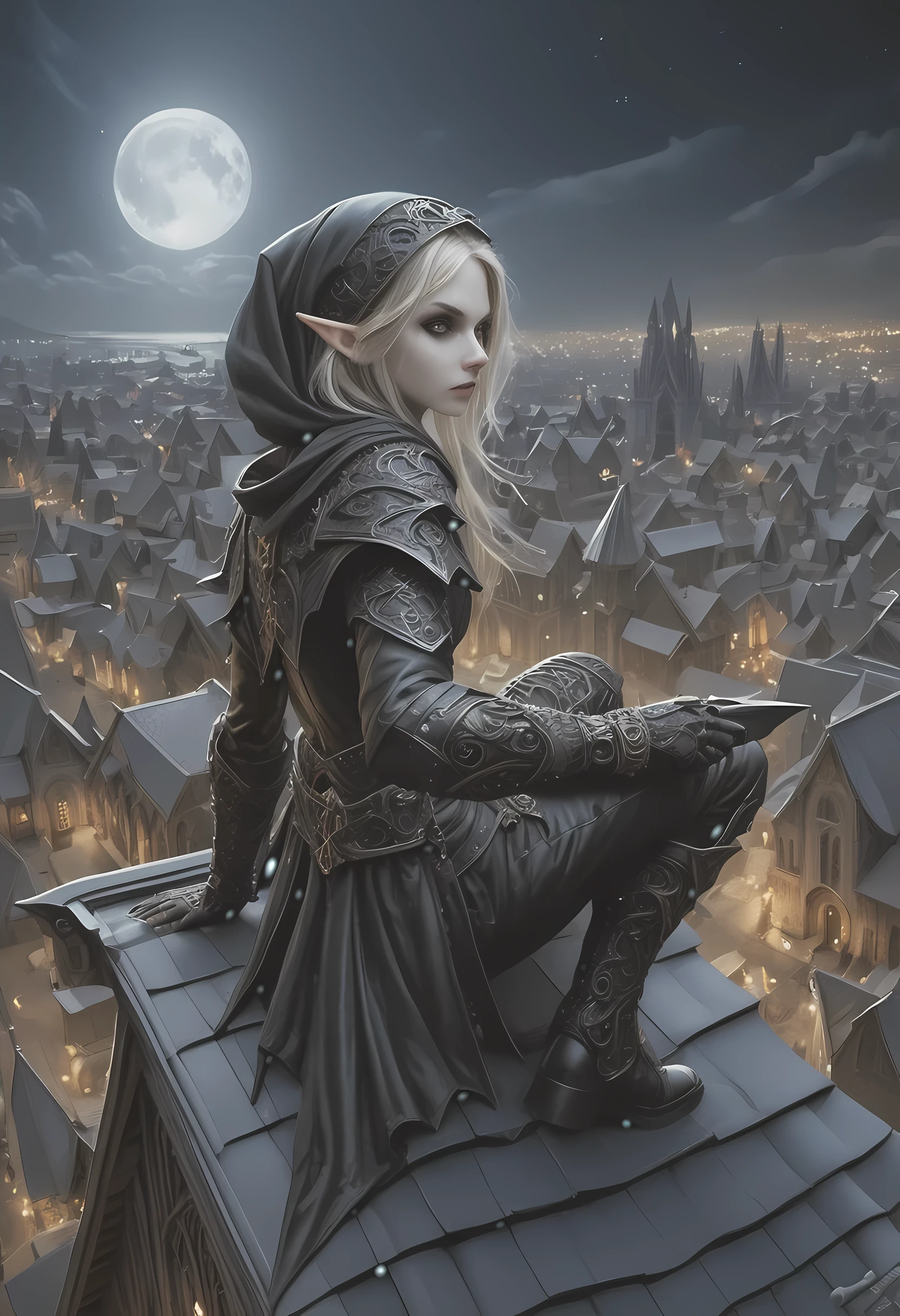 fantasy art, d&d art, rpg art, realistic art, goth art, a, high details, best quality, 16k, [ultra detailed], masterpiece, best quality, (extremely detailed), dynamic angle, RAW, photorealistic, a picture of an epic fantasy thief , kneeling on roof top (best details, Masterpiece, best quality: 1.5) on top of a roof in goth fantasy city, ready for action, plenty of buildings, a temple (best details, Masterpiece, best quality: 1.5), female elf (best details, Masterpiece, best quality: 1.5), epic fantasy thief, [[anatomically correct]], blond hair, braided hair, fair skin, intense bright eyes, armed with dagger, dynamic position (intricate details, Masterpiece, best quality: 1.5), small pointed ears, dark armor, full leather armor (intricate details, Masterpiece, best quality: 1.5), tense atmosphere, night, stars light, moon light, moon rays, stars, best details, best quality, highres, ultra wide angle, drkfntasy night over the roof top of a goth church, the elf watches the city below,  it is ready to act, medieval city background