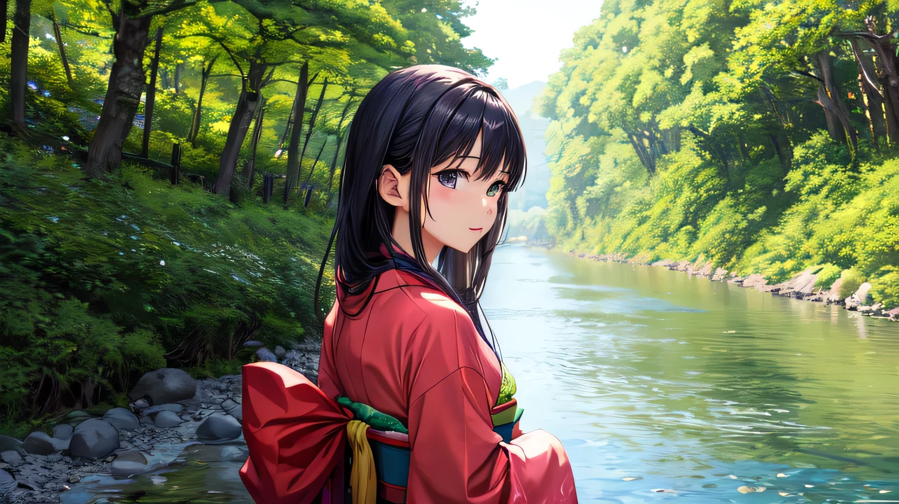for anime,A beautiful woman in a Japanese kimono is looking at the scenery by the river,Fresh greenery