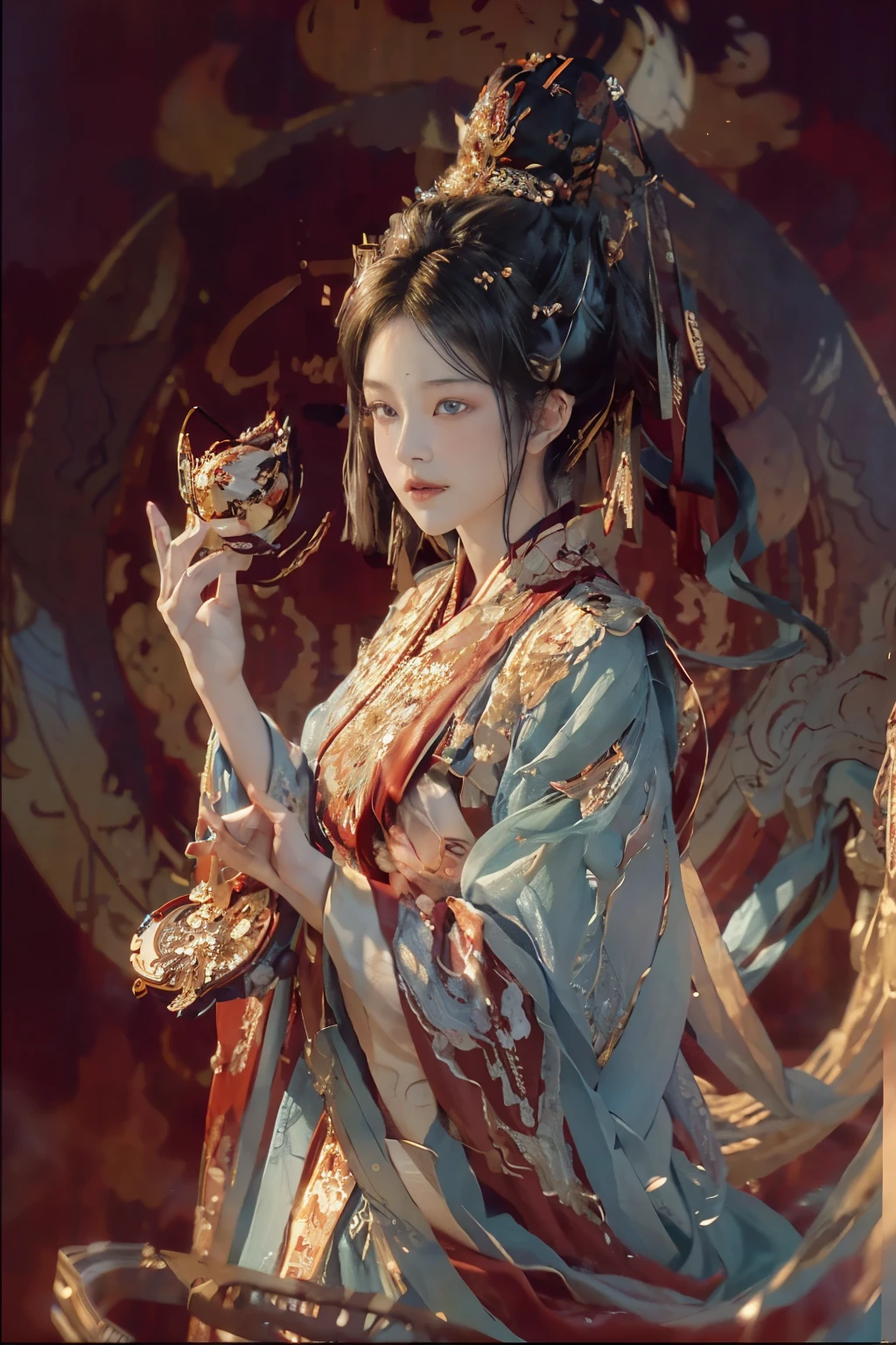 A beautiful and charming Chinese lady floats gracefully in a lavish palace, enveloped by supple and lustrous red and golden silken fibers. The fibers ripple and sway, creating an abstract background with intricate bends in the style of violet and blue. With a resolution of 32k UHD, this image showcases the appreciation of minimalistic abstraction, powered by an Intel Core processor. The fluid lines and curves are rendered in hyper-realistic detail, bathed in high-key lighting. The color palette is a juxtaposition of sky-blue and bronze hues, captured by the Abstraction-creation Kodak Elite Chrome Extra Color.