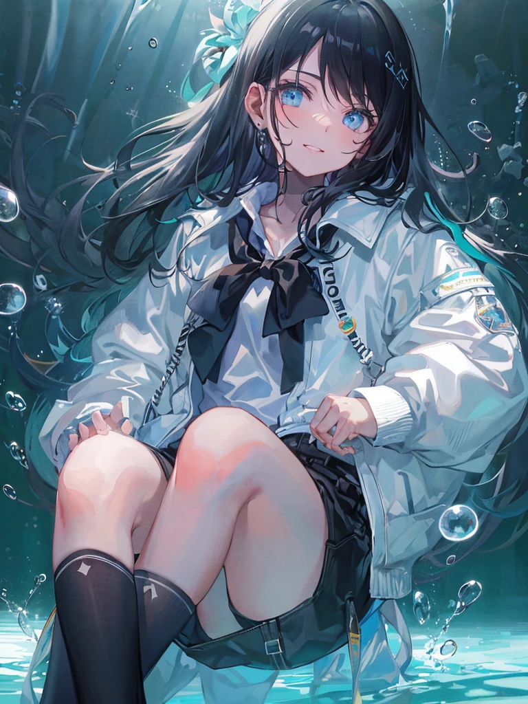 ((top-quality)), ((masterpiece)), ((ultra-detailliert)), (extremely delicate and beautiful), girl with, solo, cold attitude,((Black jacket)),She is very(relax)with the(Settled down)Looks,A dark-haired, depth of fields,evil smile,Bubble, under the water, Air bubble,bright light blue eyes,Inner color with black hair and light blue tips,Cold background,Bob Hair - Linear Art, shortpants、knee high socks、White uniform like 、Light blue ribbon ties、Clothes are sheer、Hands in pockets