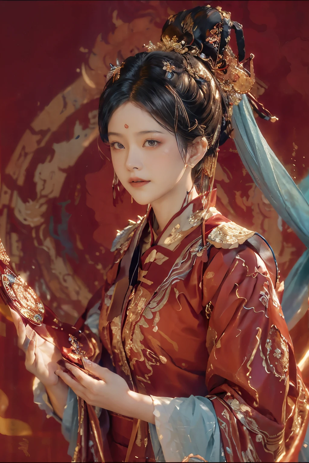 A beautiful and charming Chinese lady floats gracefully in a lavish palace, enveloped by supple and lustrous red and golden silken fibers. The fibers ripple and sway, creating an abstract background with intricate bends in the style of violet and blue. With a resolution of 32k UHD, this image showcases the appreciation of minimalistic abstraction, powered by an Intel Core processor. The fluid lines and curves are rendered in hyper-realistic detail, bathed in high-key lighting. The color palette is a juxtaposition of sky-blue and bronze hues, captured by the Abstraction-creation Kodak Elite Chrome Extra Color.