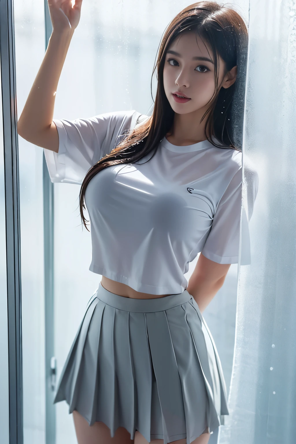 Behind the frosted glass, masterpiece, best quality, breasts_on_glass,1girl, fit body, wet semi-transparent clothes, sweat, breasts on windows, drop of water, breasts squeezed by glass,pleated skirt,shirt tucked in,tented shirt