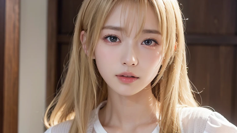 (long cut hair, Blonde Hair:1.2),(Wearing a blouse:1.2),1 girl,Japanese,28 years old,(Small breasts:1.3),(highest quality,masterpiece:1.3,超A high resolution,),(Ultra-detailed,Caustics),(Photorealistic:1.4,RAW shooting,)Ultra-Realistic Capture,Very detailed,High resolution 16K human skin close-up。 Natural skin texture、,Pores、、It needs to be detailed enough to be easily identifiable。 Skin should be even-toned and healthy looking。 Use natural light and colour, Sad expression, Looking at the camera, Perfect dynamic composition, Inside the church