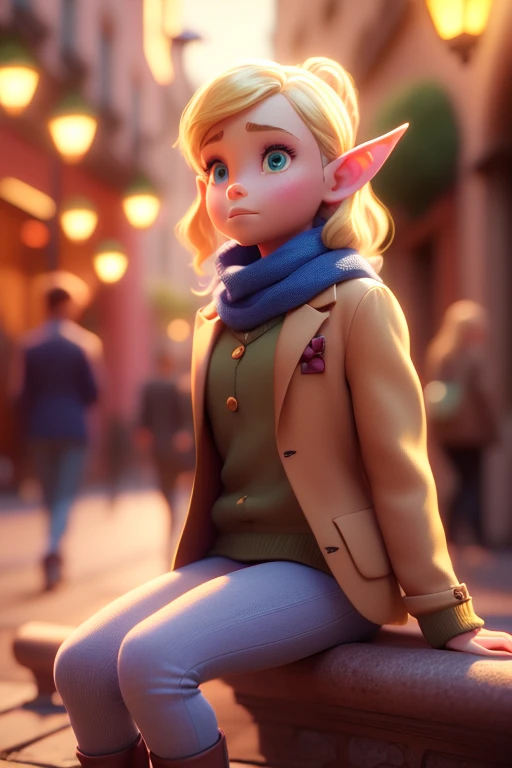 blonde elf woman sitting on the sidewalk with a scarf, elf girl, teen elf girl, very beautiful elf top model, 3d anime realistic,  earley, elfin beauty, female elf, very beautiful elf portrait, elf ears, beautiful wood elf,  , hyper-realistic fantasy art, long elf ears, checkered long pants, a white woolen sweater reaching to the hands and a light brown linen jacket.