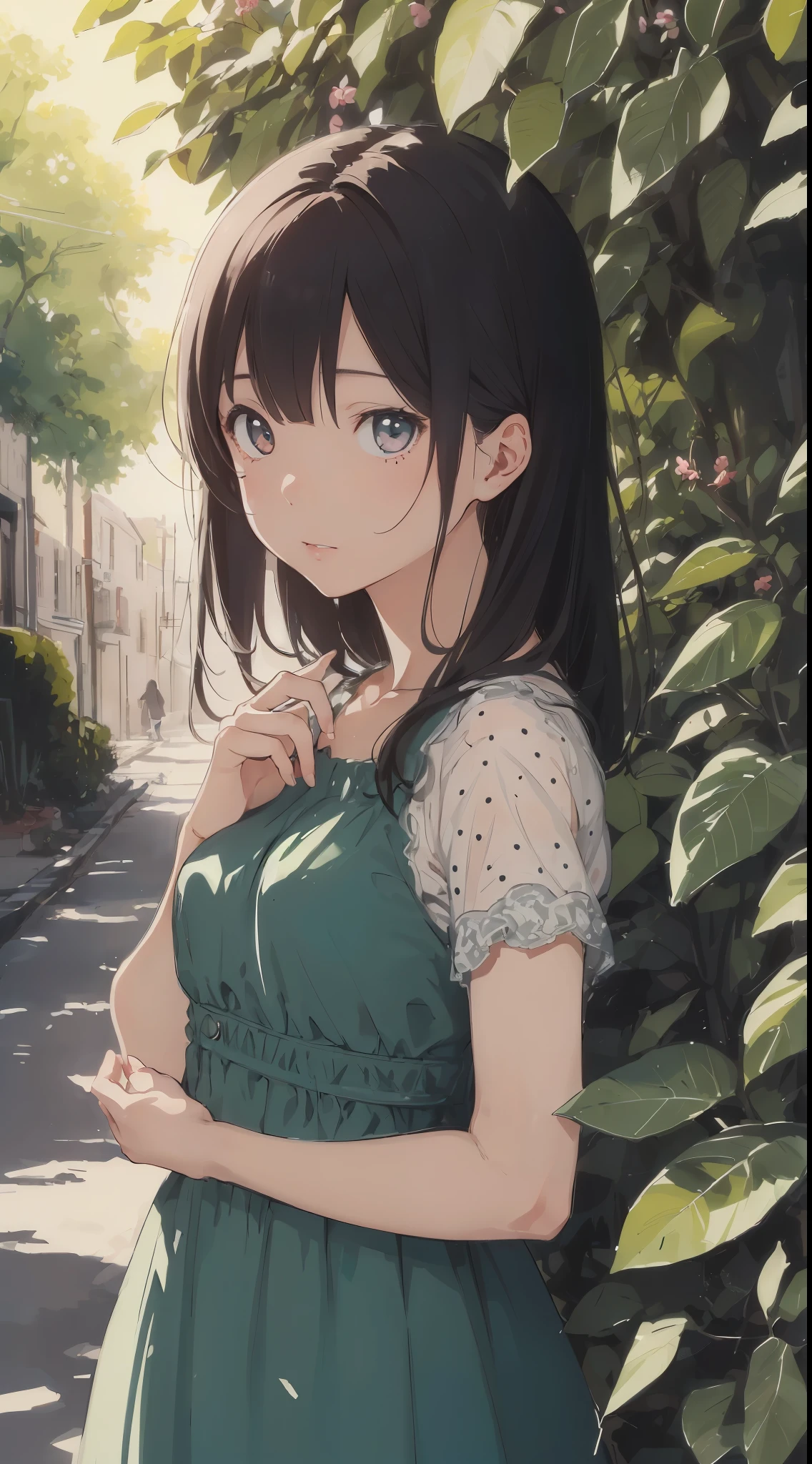 (girl with solo:1.2)、
theme: fig
person: 16 year old girl
hairdo: long(Hair color:bionde、Hair quality:Straight)
expressioness:Delight and surprise
pupil:cyan colors、Realistic and complex eyes
skin: pink
dress: Small white dots on green summer dress(No frills)
Poses:Holding a fig in both hands
focus:Fig and girl face
effects: Sunset light illuminates figs、Glowing fig effect
special effects:cuteness:1.4
background:
Under the fig tree、Detailed natural environment
Has a three-dimensional perspective
High Quality、Inner peace
((Write line transparency Highest quality Best work Concept art.))、Beautiful illustration, pastel color, Illustration style, Realistic skin feeling, Realistic material、watercolor paiting, Background with details, Three-dimensional effect and depth