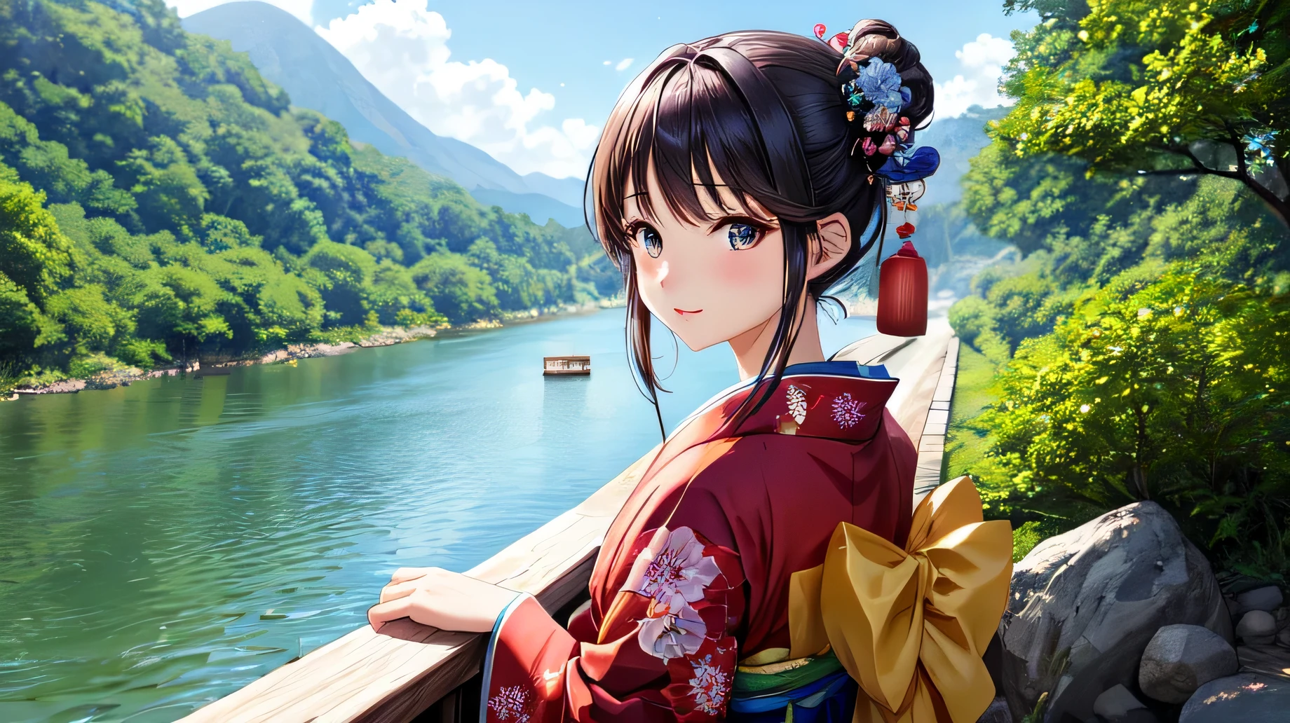 for anime,A beautiful woman in a Japanese kimono is looking at the scenery by the river,Fresh greenery