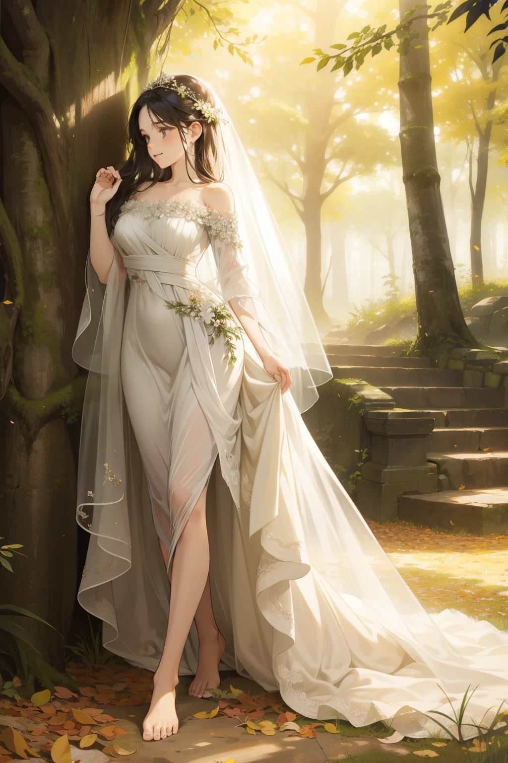 (Ultra-detailed, beautiful lighting, best quality, high resolution), Forest wedding scene, (Lush green trees and foliage, sunlight filtering through), (Serene and romantic atmosphere, capturing the essence of nature), Single figure, Bride in a flowing white gown, Delicate face with expressive features, Radiant smiles, Detailed accessories such as flowers in her hair and veil, (Surrounded by nature's beauty, creating an idyllic setting). BREAK, Intimate and tender moments, Emotional connection, Barefoot on soft moss, Warm and inviting environment, Relaxed and natural poses, Forest ground covered in vibrant autumn leaves or