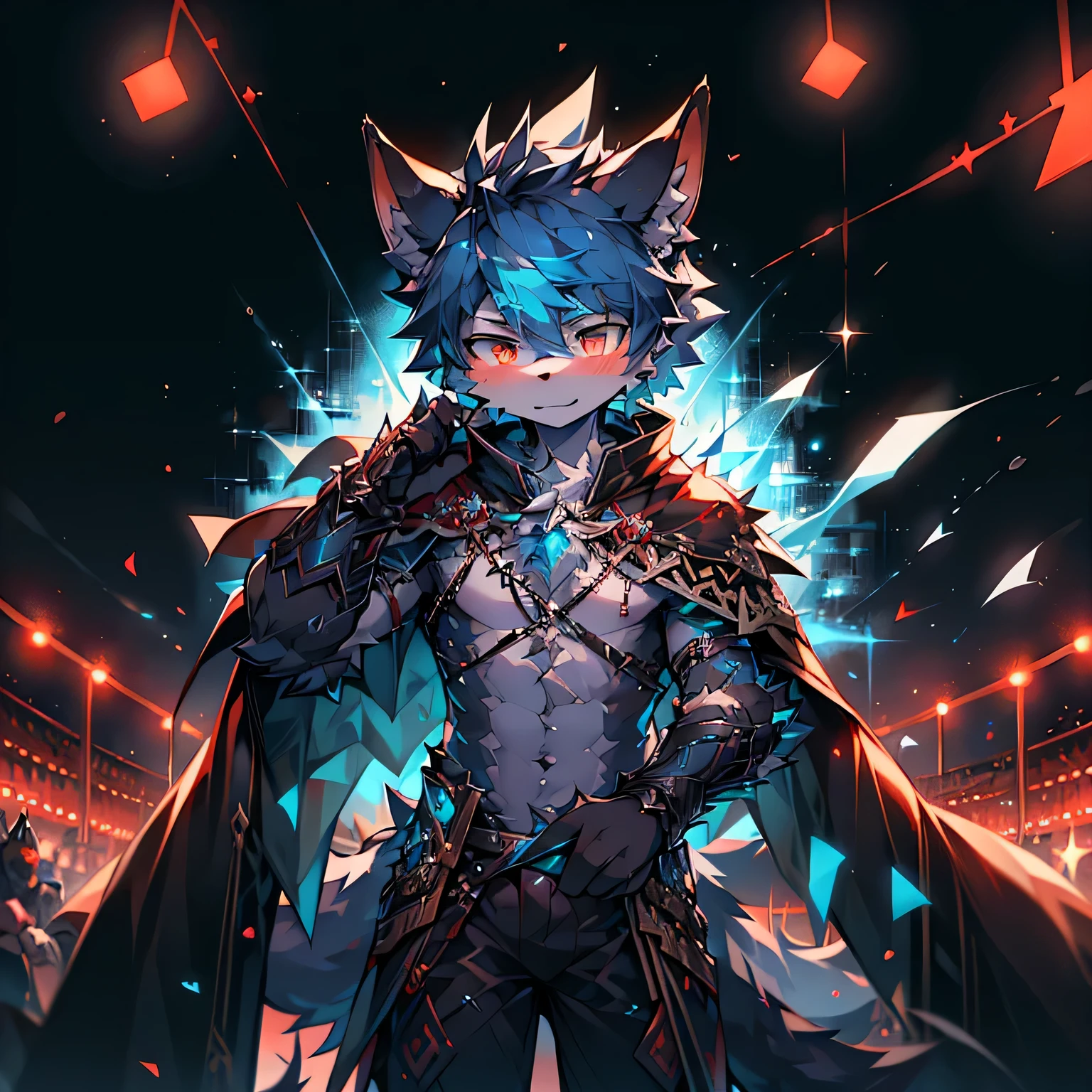 youth，Shota，Blue Hair ，male， masterpiece， high resolution，8k，Detailed background，high quality， Boys，Looking at the audience，view，Front view，Male Focus，Wolf&#39;Facial features.. Turquoise Mecha.Surrounded by lights，in the style of futuristic，Starry Sky，hairy, A Wolf in the Chameleon Battlefield., Fighting with swords on battlefield at night......... Black dragon tattoo on left arm, Blood Moon. The body is that of a  man........, God of Death and Terror, The God of Nightmares He holds a black samurai sword，Blade red，Bloodstained....... German soldiers&#39;, A black cape