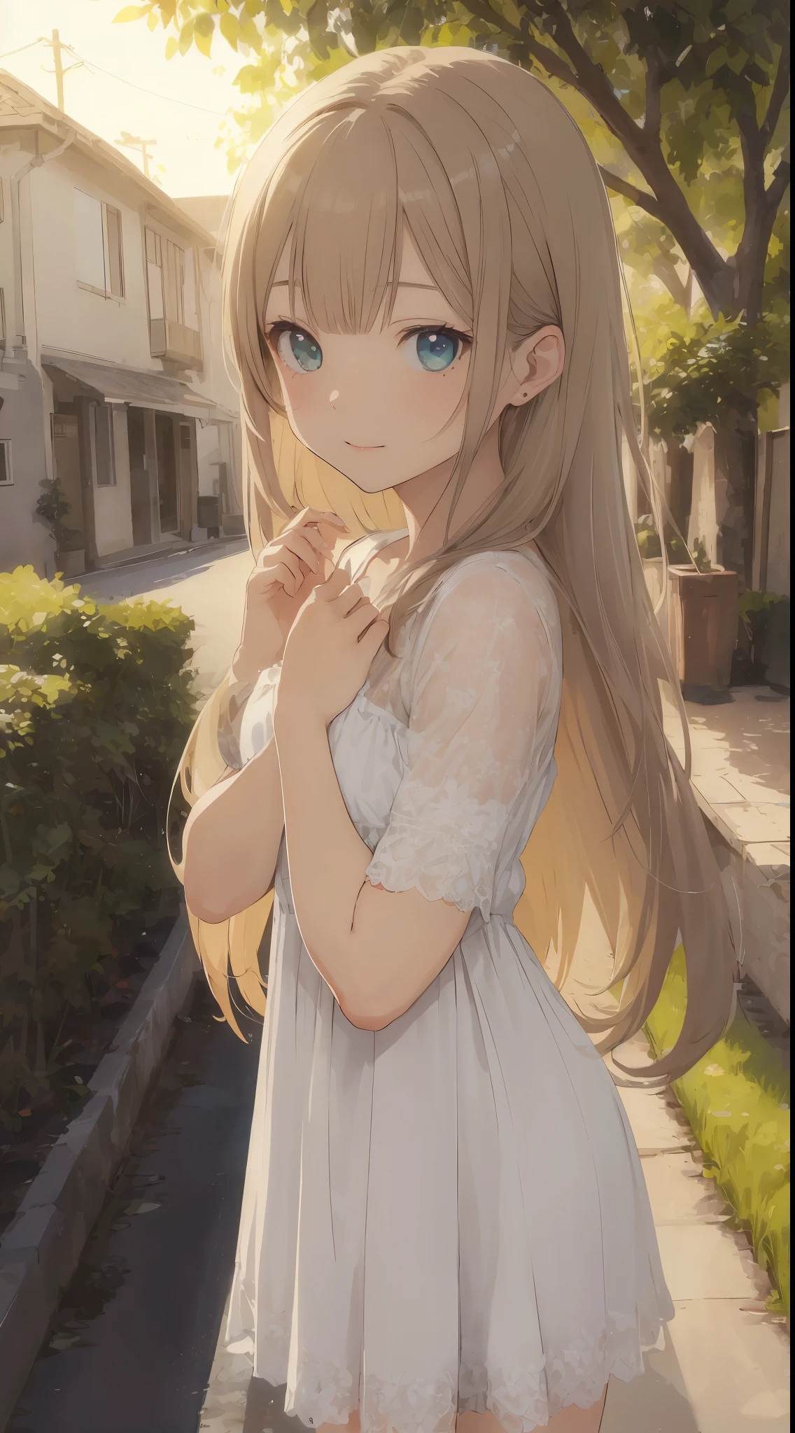 (girl with　solo：1.2)、
theme: Fig
person:  girl
hairdo: Long（Hair color：bionde、Hair quality：straight）
expressioness：Delight and surprise
pupil：cyan colors、Realistic and complex eyes
skin: Peach color
Dress: Small white dots on green summer dress（No frills）
Poses：holding a fig in both hands
focus:Fig and girl face
Effects: Sunset light illuminates figs、Glowing fig effect
Special Effects:cuteness：1.4
background:

Under the fig tree、A natural environment depicted in great detail
Has a three-dimensional perspective
High Quality、Inner peace
((Writing line transparency Highest quality Best work Concept art.))、Beautiful illustration, pastel color, Illustration style, Realistic skin feeling, Realistic materials、watercolor paiting, A background with detail, three-dimensionality and depth