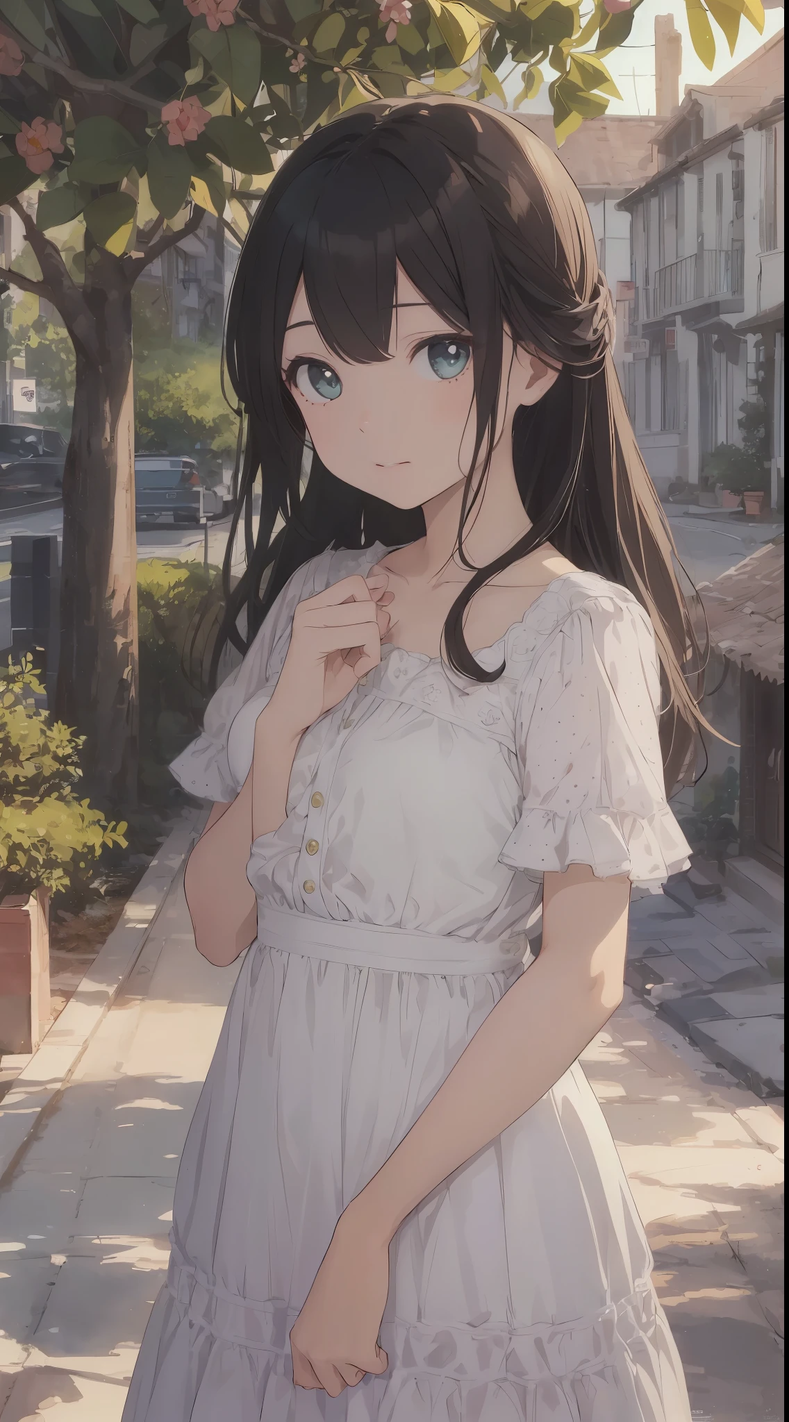 (girl with solo:1.2)、
theme: Fig
person: girl
hairdo: Long(Hair color:bionde、Hair quality:straight)
expressioness:Delight and surprise
pupil:cyan colors、Realistic and complex eyes
skin: Peach color
Dress: Small white dots on green summer dress(No frills)
Poses:holding a fig in both hands
focus:Fig and girl face
Effects: Sunset light illuminates figs、Glowing fig effect
Special Effects:cuteness:1.4
background:
Under the fig tree、A natural environment depicted in great detail
Has a three-dimensional perspective
High Quality、Inner peace
((Writing line transparency Highest quality Best work Concept art.))、Beautiful illustration, pastel color, Illustration style, Realistic skin feeling, Realistic materials、watercolor paiting, A background with detail, three-dimensionality and depth