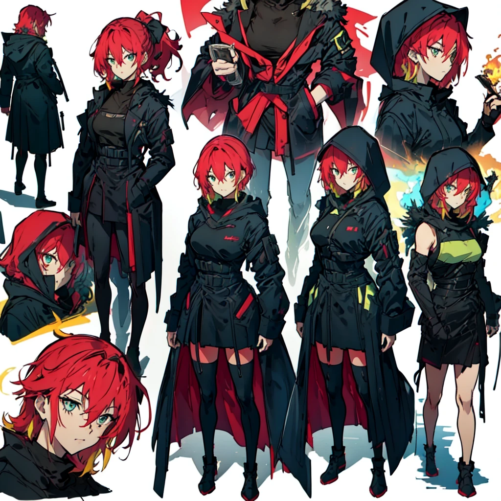 Wine red hair, A large woman wearing a hood,Side up hairstyle, Nervous,Cowboy Shot, ,High quality generation of dark female characters, Unreasonable,Her figure is terribly beautiful, Emphasizing the dark and crazy elements. Skillfully expressing the effects of light and shadow, detailed, The face and expression are carefully drawn.., Artistic elements add depth to the work, With a unique artistic touch. This film is visually stimulating and aesthetically pleasing.,sketch (Character design sheet, same characters, whole body, Three-View, front, ~ ~ side, return)