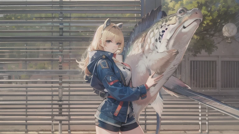 Long blonde,blue coat,Big Breasts,Open chest,Thighs,Shoulder baring,Fluffy coat,woman,Shorts,Fishnet tights,frog head