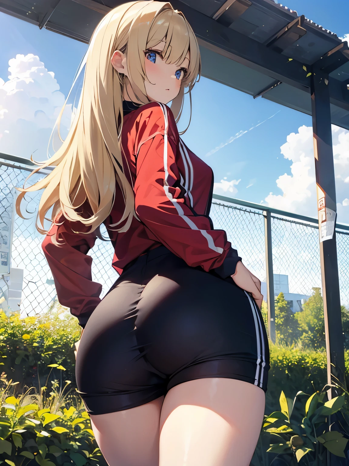 8k, masterpiece, Very detailed, Schoolyard、赤色のトラックスーツを着たblondeの女子高生、 Red tracksuit、,Black bloomers、 Sports Field, ,Butt、Over your shoulder、Back view、((from below:1.2))、Outdoor, blonde、Medium Long Hair、