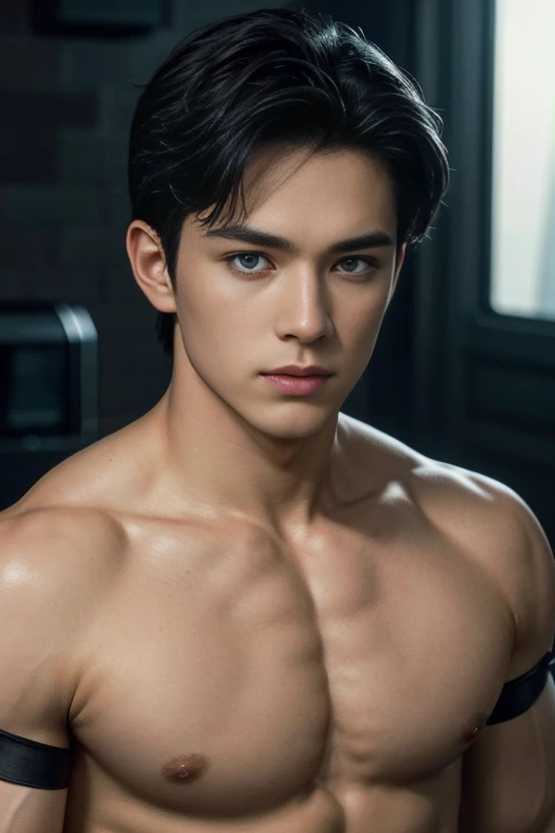 (8K, RAW photo, Highest quality),Realistic,2 handsome men，frontage，Intricate details，Extremely detailed eyes and eyelasheuscular male,Manly,Night sky,Soft lighting,Cinematic lighting,Portrait,Close-up,Lovingly，Exposing the pectoral muscles,Photo of black and blue eyes white gay male model, Blue eyes, Stand in front of a gray background, Sports panties, 22 years old, Lean, beefy, Short hair, Digital SLR, hyper qualit, Fujifilm XT3, Crystal clear, 8K UHD, High detail, Ultra photo realsisim, haar, Pubic hair, ((Realistic skin), ((pores)), ((highdetailskin)), volumettic light, groin, far,sexy underwear,top-down view, complex 3D visualization, high detail, 1 handsome young man (nsfw) looking at the viewer (Pureerosface_V 1:0.6), 18 years old, pure, genuine human skin , (bare chest), muscles, vivid details, hyperrealistic, beautiful background (Medieval: 1,2), octane rendering, 8k, best quality, masterpiece, extremely detailed, computer graphics, unity, wallpapers (realistic, photorealistic: 1.37), stunning, fine details, masterpiece, best quality, official art, extremely detailed CG unity 8k wallpapers,